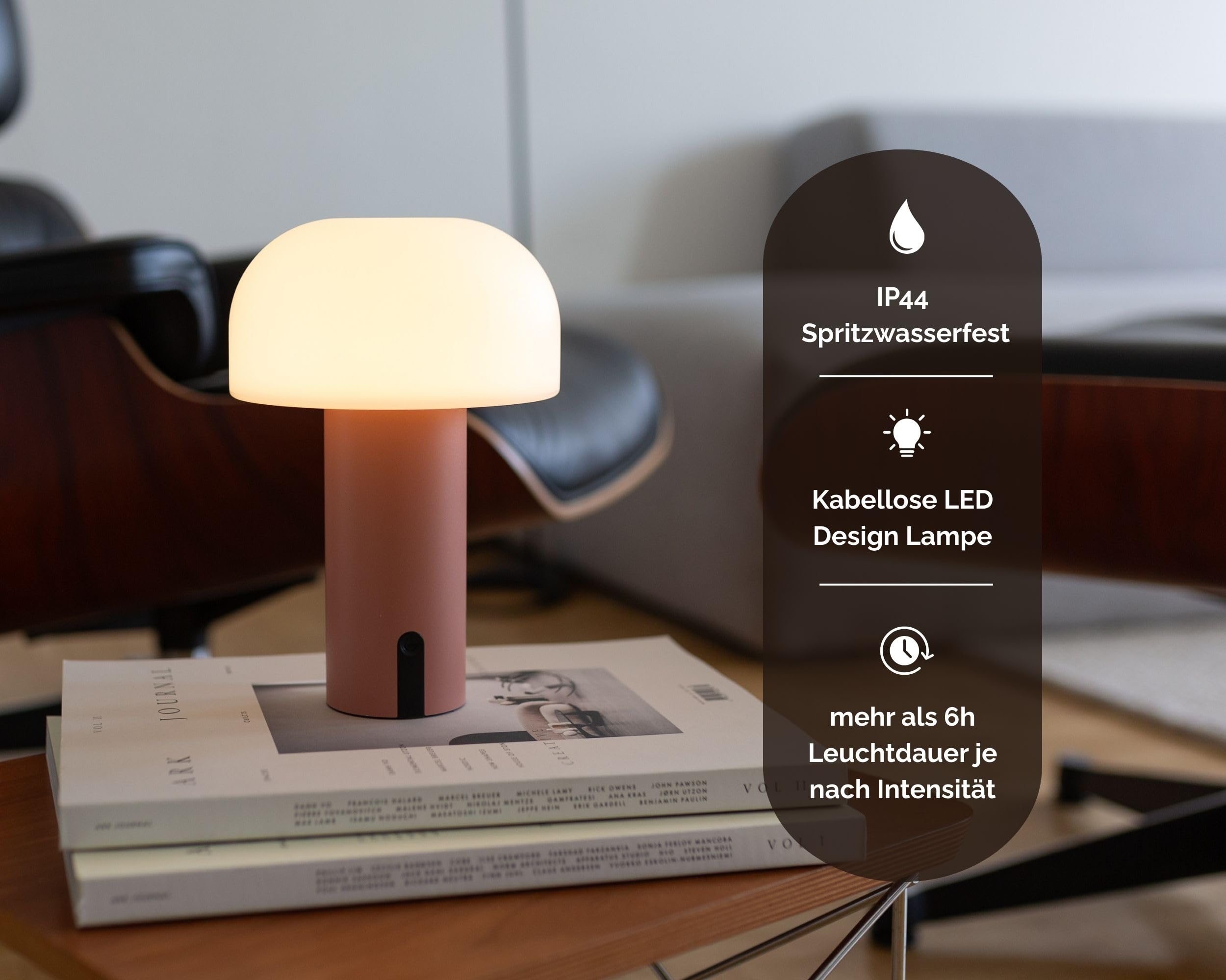 LUUK Studio LED Tischlampe in Pilzform, kabellos mit Akku, dimmbar per Touch, IP44 spritzwassergeschützt für Garten, Terrasse & Balkon, lange Leuchtdauer, dekorative Design Leuchte, Matt Rosa