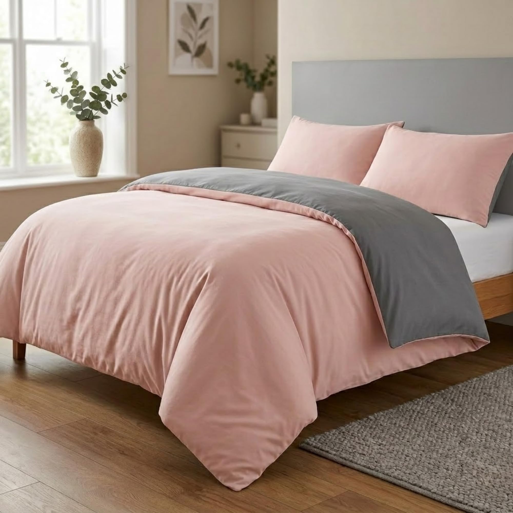 AQS INTERNATIONAL - Reversible Super King Duvet Cover Set - Ultra Soft Brushed Microfiber Blush Pink & Grey Bedding with Pillow Cases - Breathable Durable Easy Care Comfortable Bedding for Home