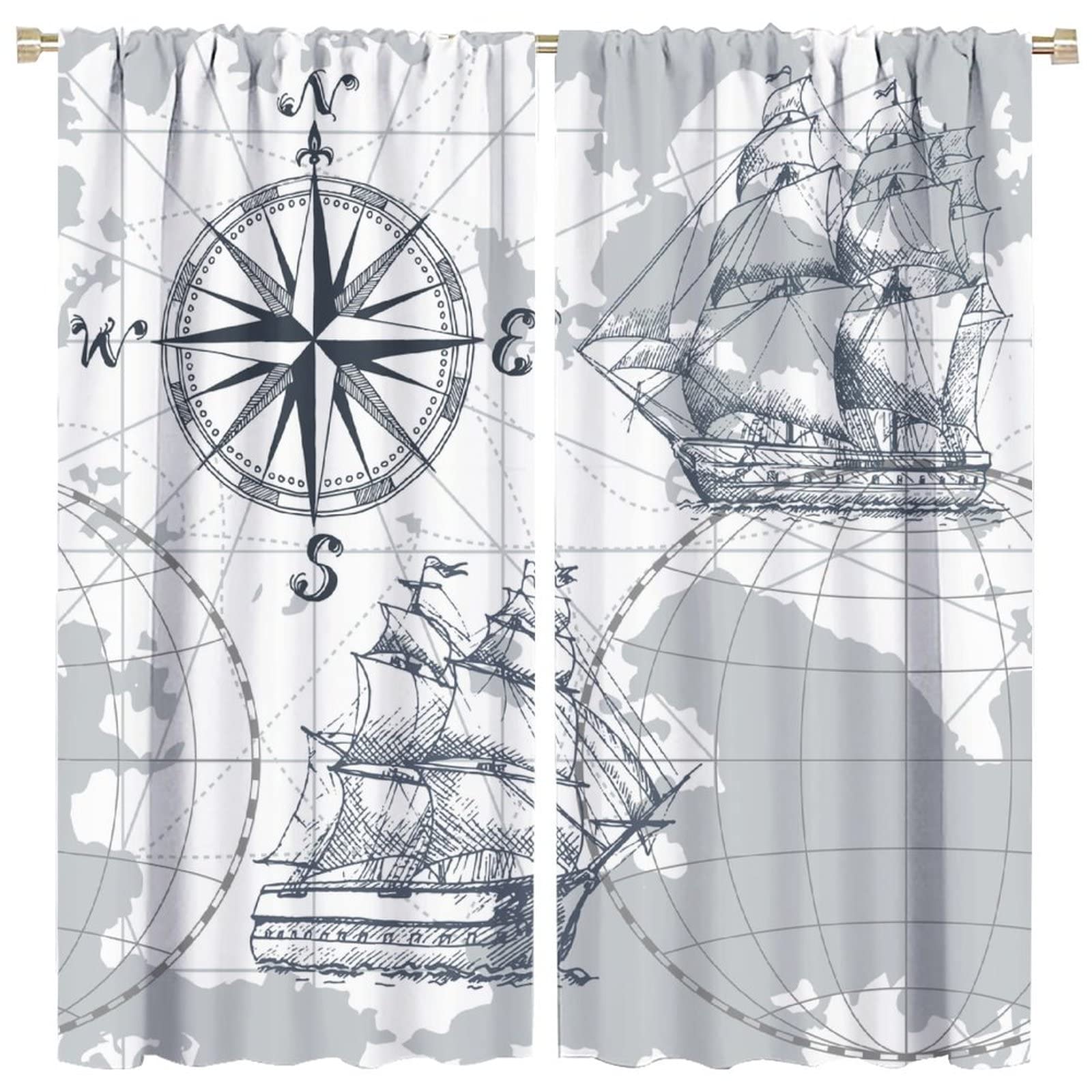 Nautical Map Curtain,World Map Sailboat Compass Boys Kids Pirate Ship Ocean Theme Blackout Window Door Curtains for Bedroom Living Room Home Decor