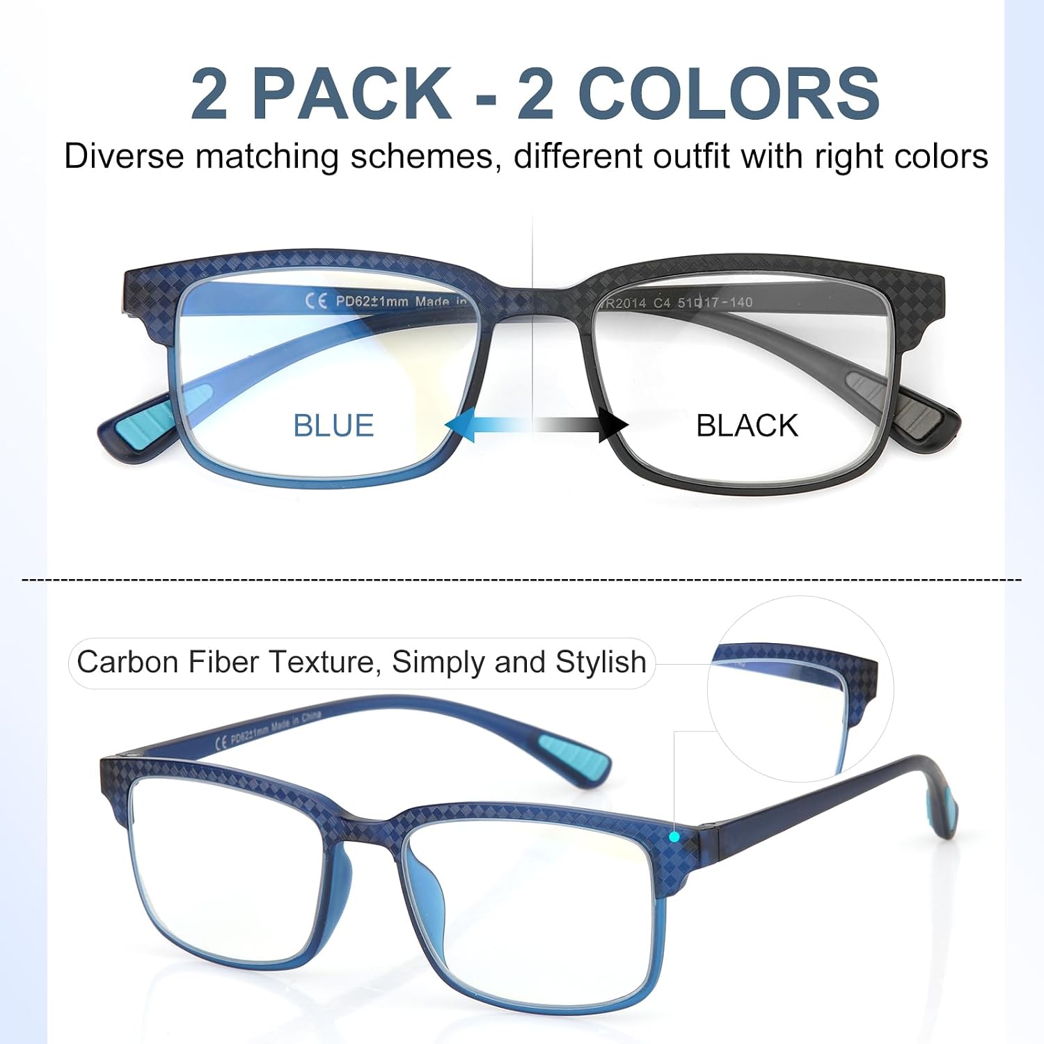 CARA 2 Pack Progressive Multifocus Reading Glasses, Flexible Lightweight TR90 Frame Blue Light Blocking Computer Readers, Workspace for Near Range (C1, 2.50)