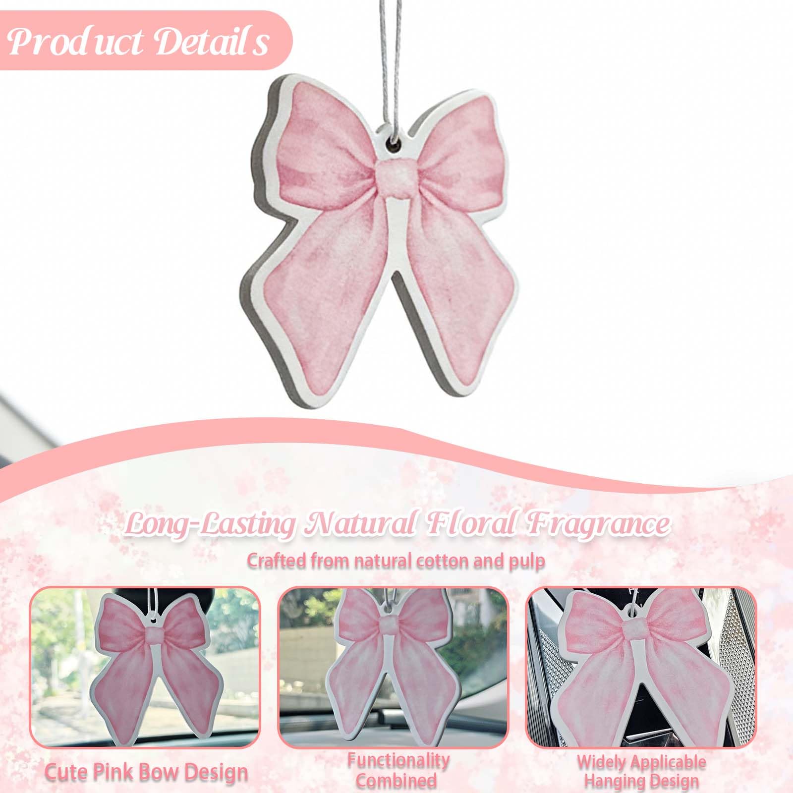 PCS Pink Bow Car Air Freshener, Cute Hanging Cars Air Fresheners, Sweet Floral Fragrance, Long-Lasting Scent, Car Interior Accessories for Wardrobe, Closets, Bathroom - 2
