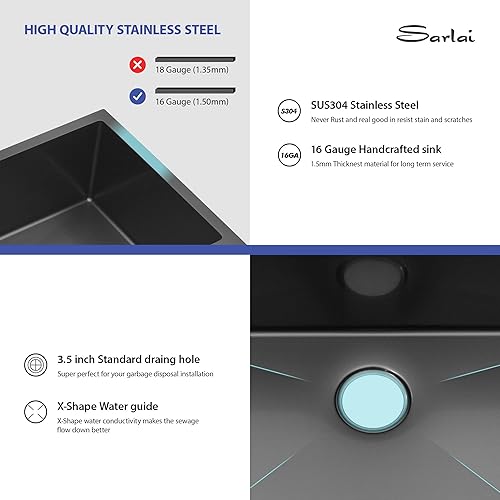 Vista 61 de Sarlai Fregadero doble de 33 piezas para empotrar - Fregadero de cocina de 33 x 19 pulgadas, acero inoxidable de calibre 16, esquina redonda, doble