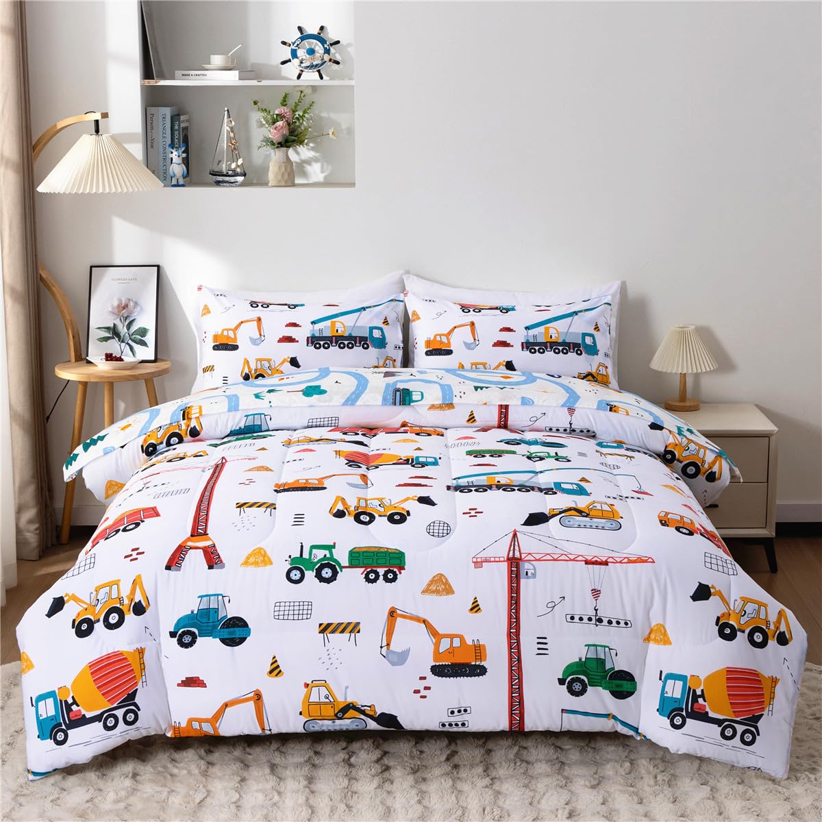 NTBED 5 Pieces Construction Truck Twin Comforter Set for Boys Kids Building Vehicles Excavator Lightweight Microfiber Bedding Sets