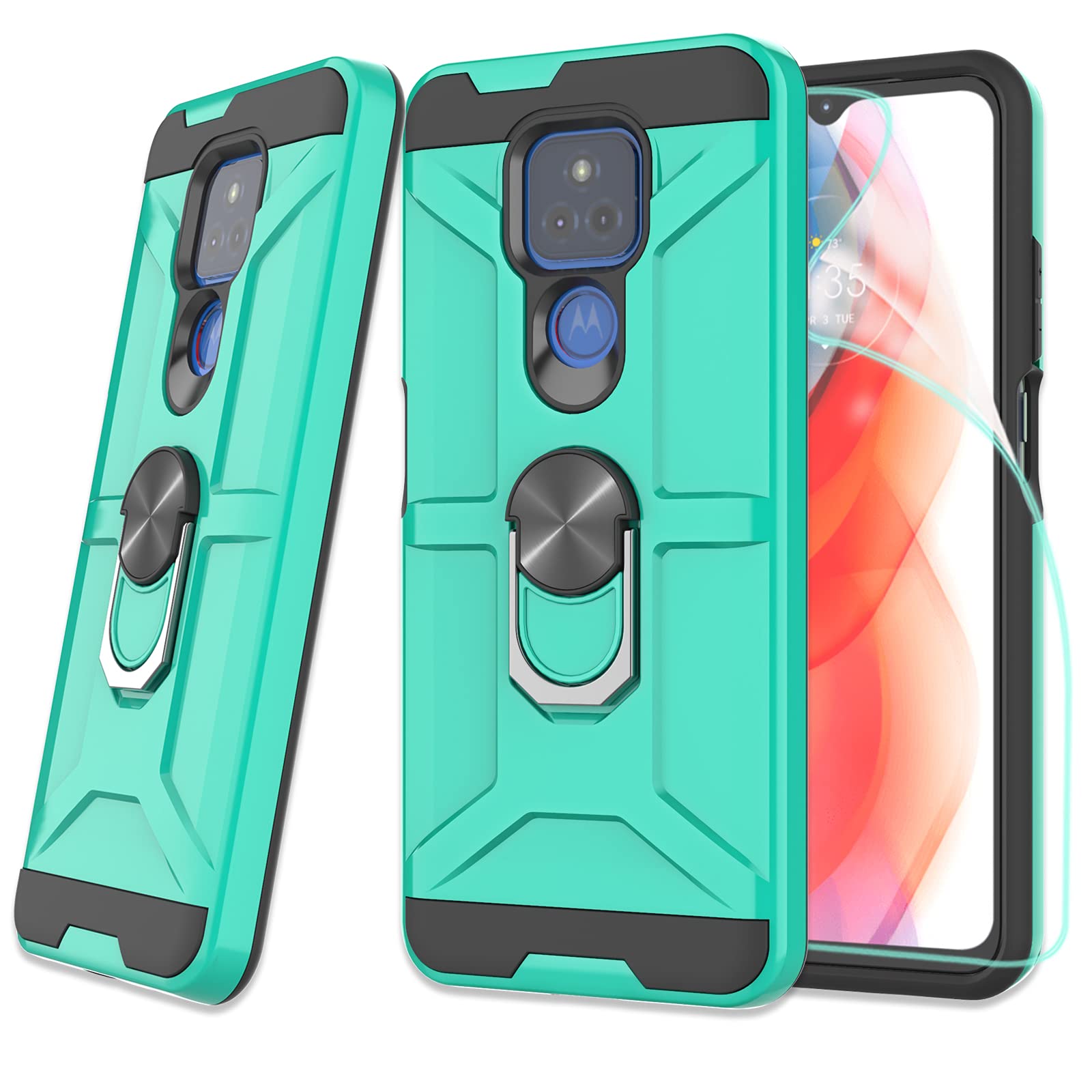 ZingCon Compatible for Motorola Moto G Play 2021 Phone Case,[HD Screen Protector] Heavy Duty Shockproof Protective Cover with Rotating Ring Kickstand Fitting Magnetic Car Mount-Mint Green