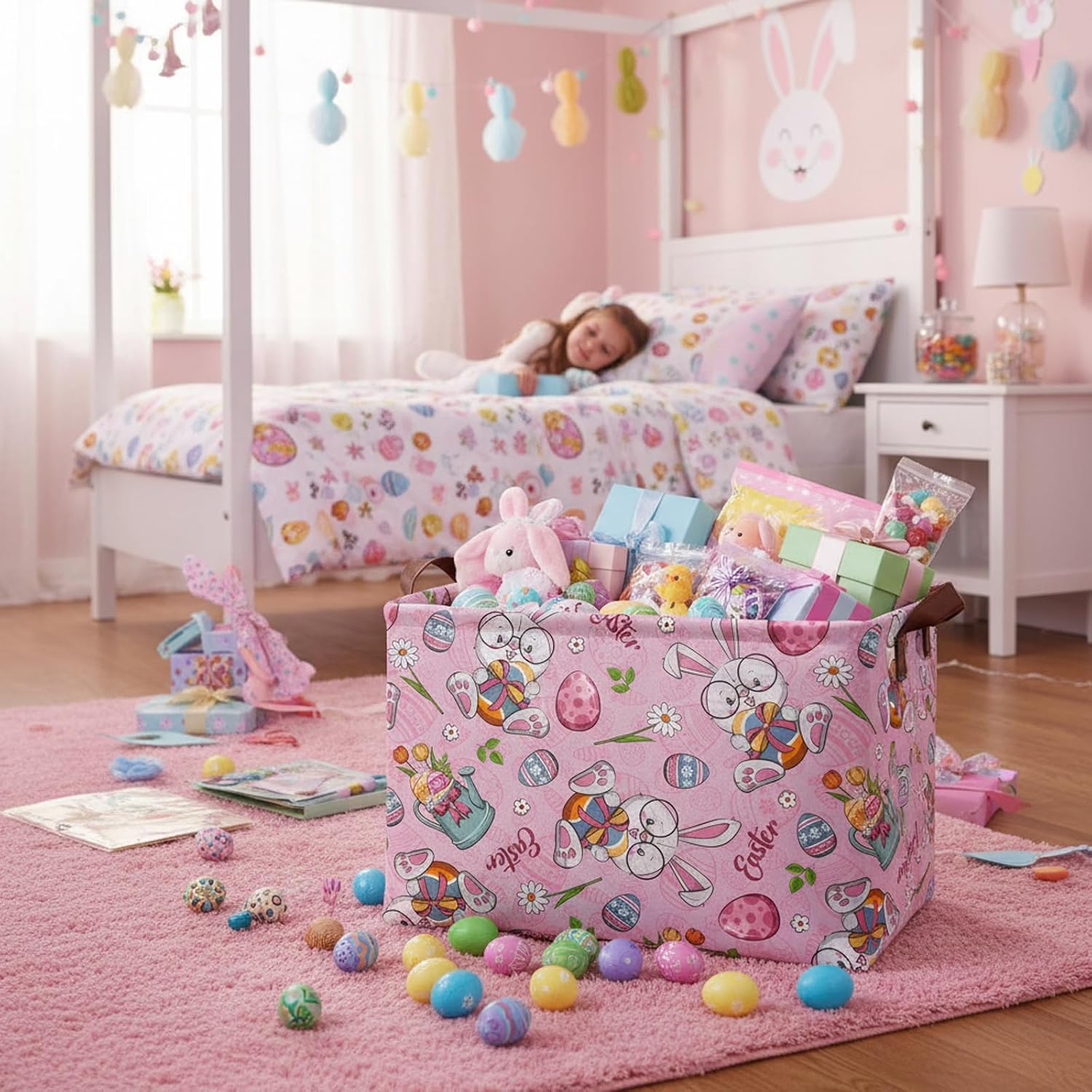 Large Easter Basket Gift Empty Cute Easter Storage Bin Kid Room Bunny Egg Decor (Pink-04)