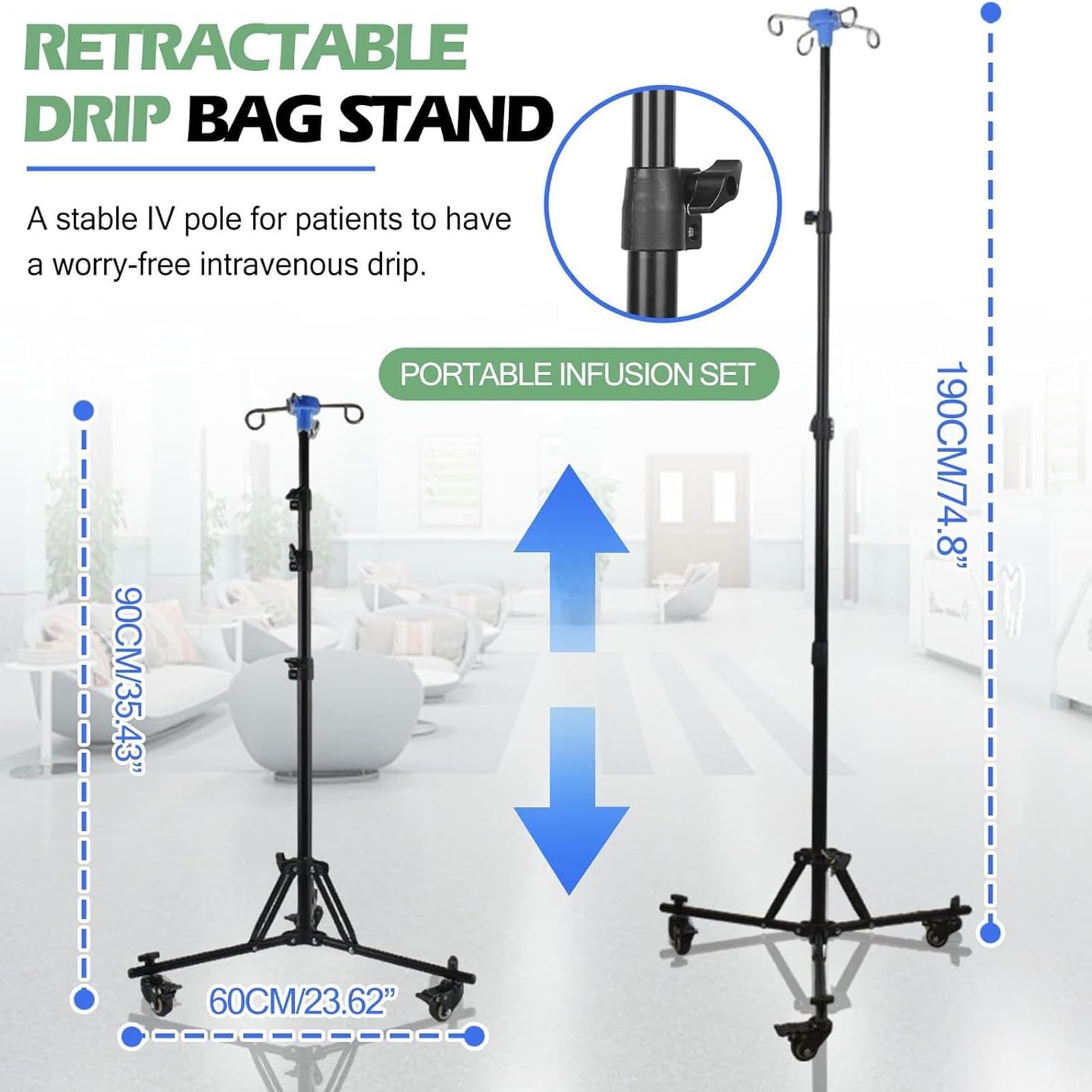 Portaflebo Attrezzatura Medica Assistenza Altezza Regolabile | Supporto per infusione con gancio portabottiglia Stabile Sicuro Portatile Altezza Regolabile Cura Anziani Casa Clinica