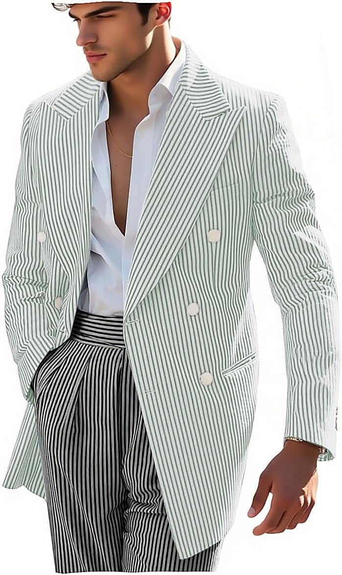 VENNYNG Men Stripes Suit Jacket Summer Double Breasted Seersucker Lightweight Sport Coat Casual Beach Party Blazer