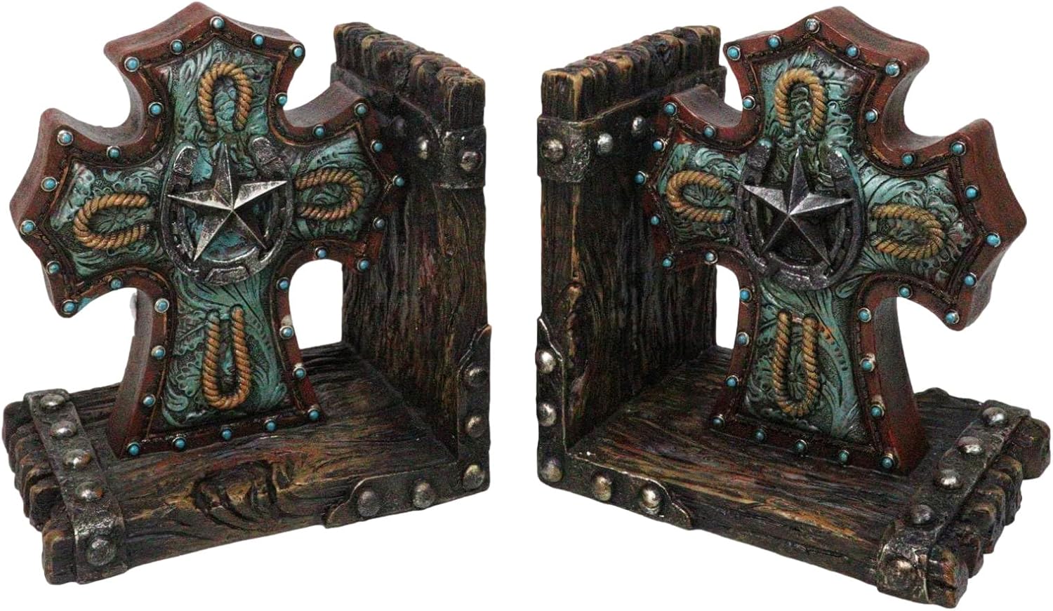 Ebros Gift Rustic Turquoise Western Star with Horseshoes Cross Braided Ropes Decorative Bookends Figurine Set Country Faux Driftwood Wooden Accent Sculptures