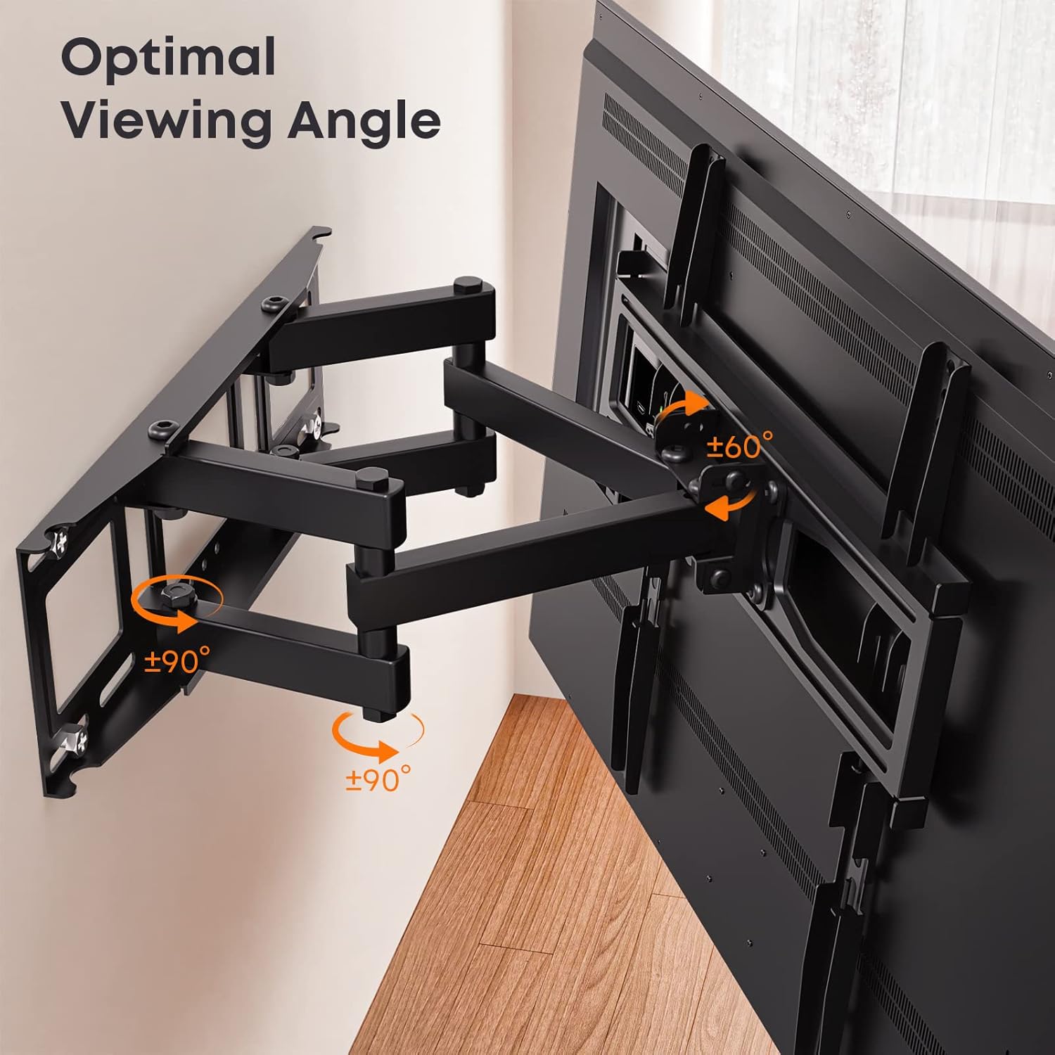 Diagram der viser optimal viewing angle adjustments including swivel and arm rotation