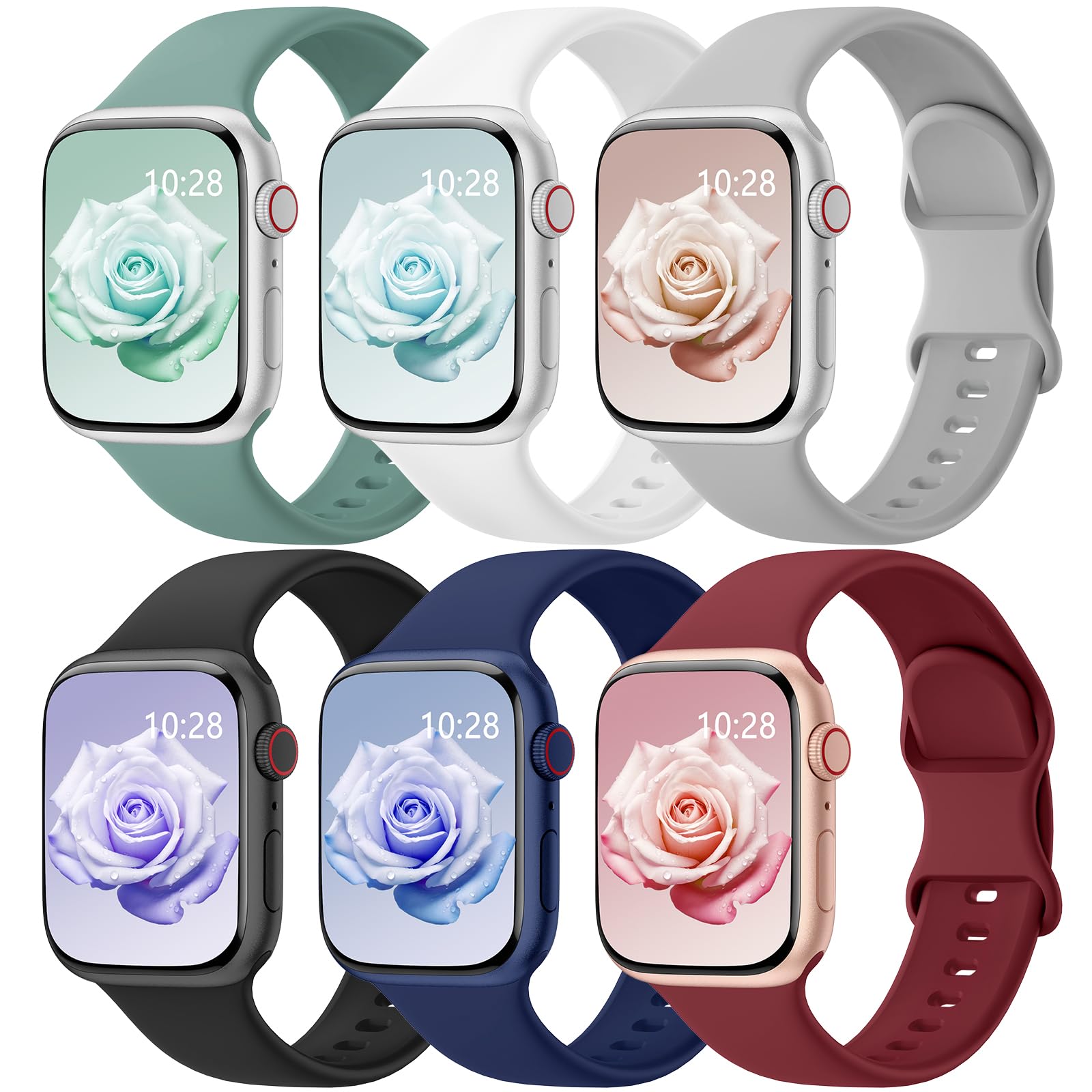 6 Pack Sport Bands Compatible with Apple Watch Bands 38mm 40mm 41mm 42mm 44mm 45mm 46mm 49mm for Women Men, Soft Wristband Silicone Sport Strap for