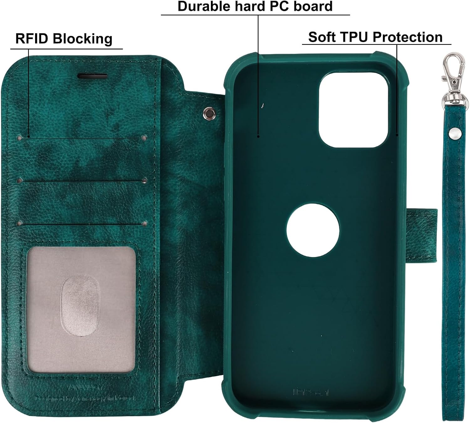 VANAVAGY Compatible for iPhone 12/12 Pro Wallet Case for Magsafe Wireless Charging, PU Leather Flip Phone Cover with Wrist Strap RFID Blocking Card Holder Screen Protector,Midnight Green - Image 4