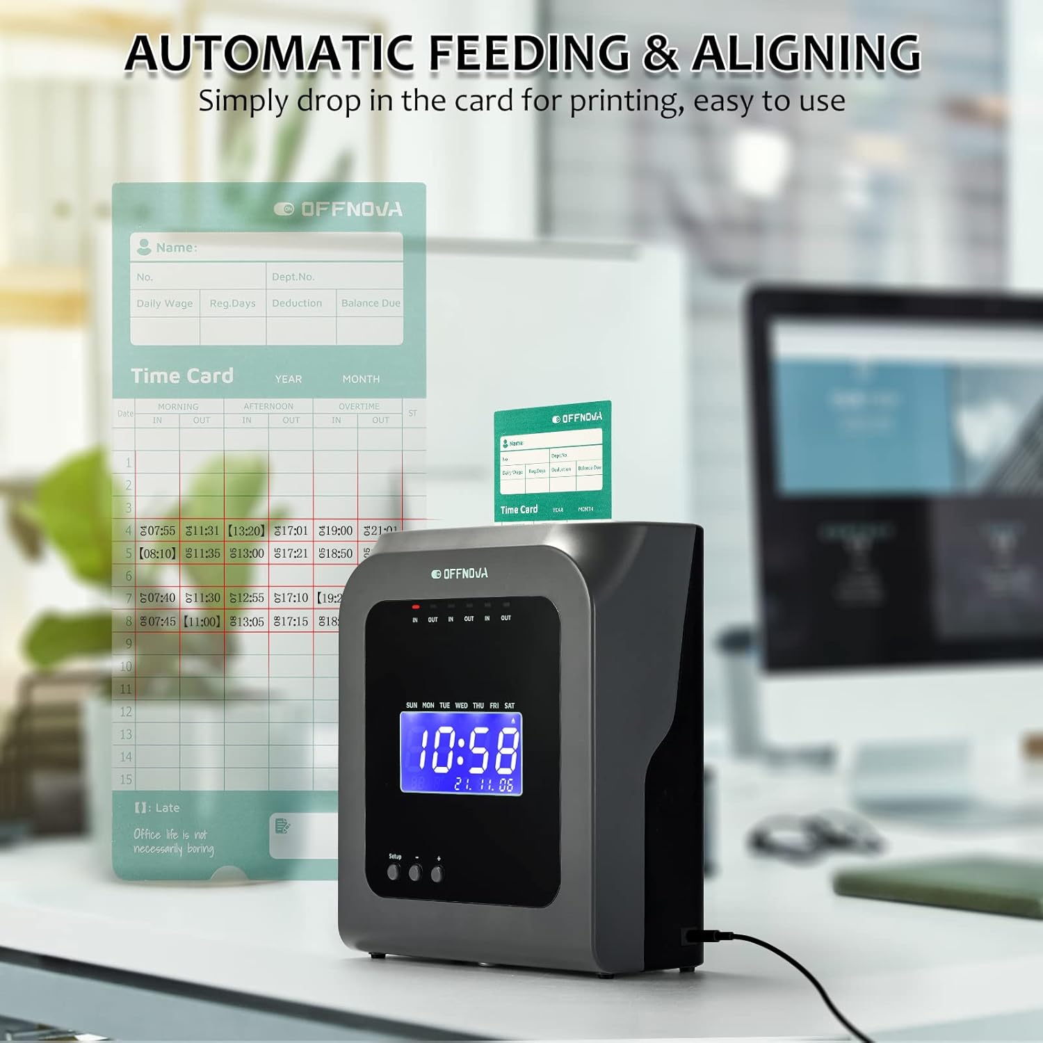 Automatic feeding and aligning of time card in OFFNOVA Time Clock