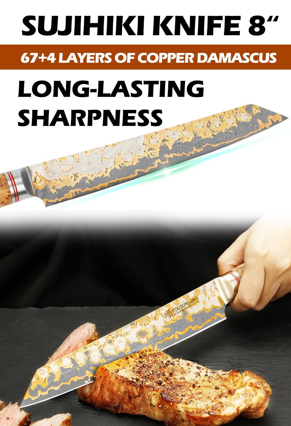YOUSUNLONG Couteau à trancher Sujihiki - Couteau à Sashimi Sushi 205mm - Acier Damas Cuivre fait main - Couteaux à découper japonais Yanagiba - Manche en bois de ronce naturelle avec cuir