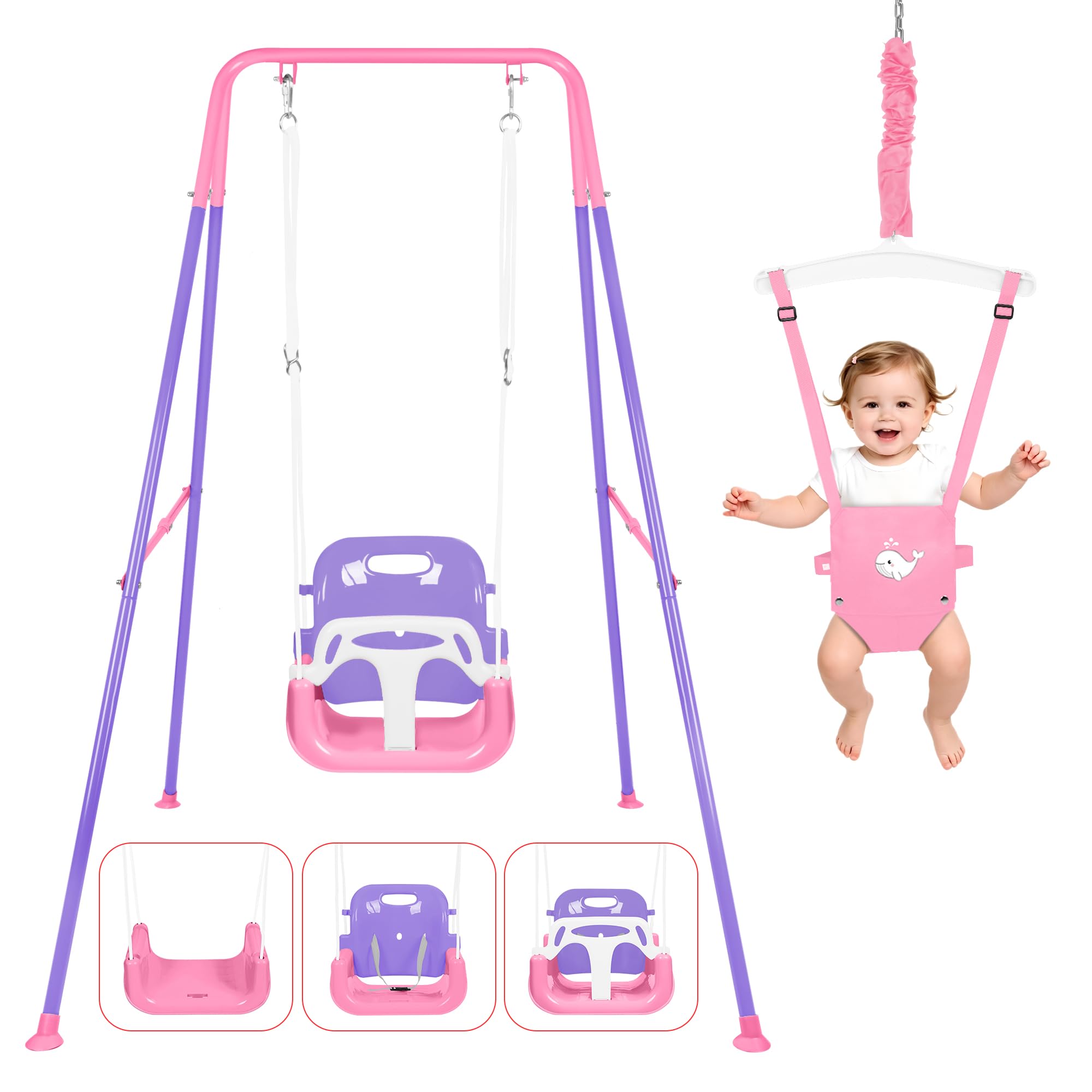 4 in 1 Toddler Swing Set &amp; Baby Jumper, Foldable Swing Set for Backyard