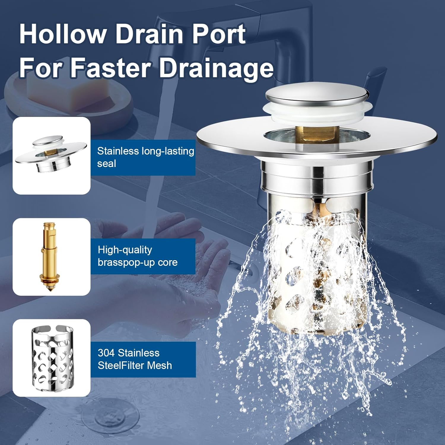 Bathroom Sink Drain Strainer, Universal Pop Up Stopper with Removable Stainless Steel Hair Catcher Basket