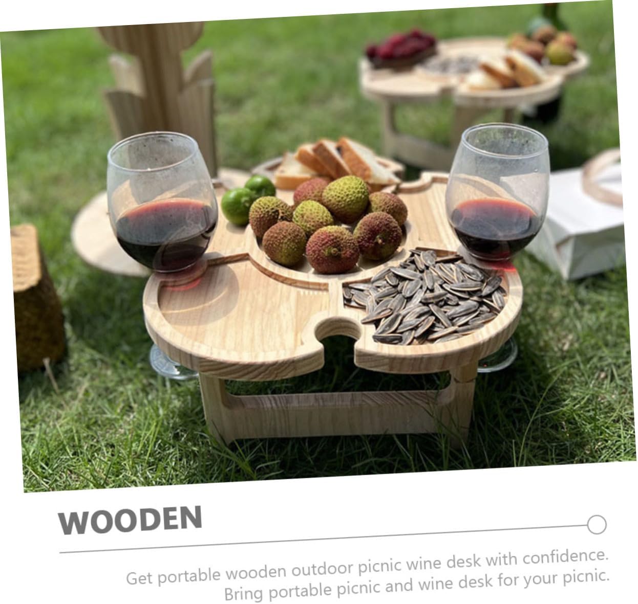 Portable Folding Wooden Wine Table for Outdoor Picnic, Beach, and Camping – 35cm Diameter Flower-Shaped Portable Picnic Table with Tray for Travel and BBQ Use