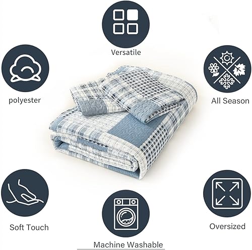 Miniatura 4 de CHESITY Juego de edredón a cuadros de 3 piezas, tamaño Queen, colcha de retazos de país, colcha ligera y reversible con funda suave para todas las