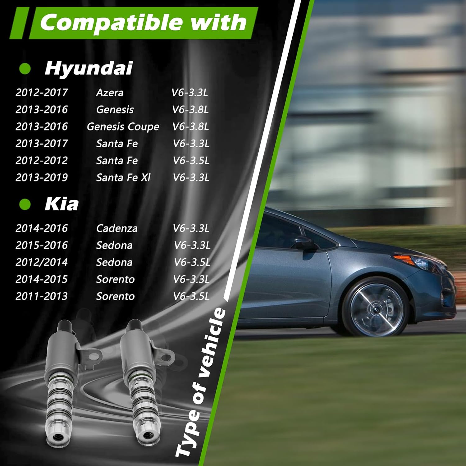 2 Pcs Engine Variable Valve Timing VVT Solenoid V6 3.3L 3.8L 3.5L Compatible with Hyundai Kia Azera Cadenza Genesis Coupe Santa Fe Xl Sedona Sorento 12-19 Replaces 243553CAA2 TS1099 243553CAB2 TS1100