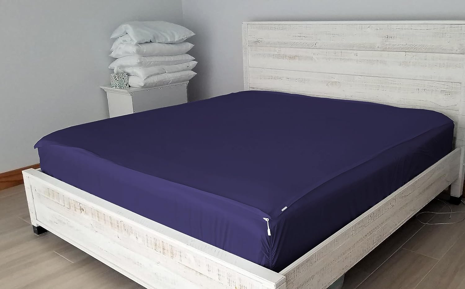 Zip On Fitted Sheet - Includes 2 Zip-On Sheets & 1 Fitted Sheet Base - Upto 16” Inch Deep Pockets Cal King Size Zipper Fitted Sheets - Luxury Soft Cotton 600 TC Fitted Sheet - Navy Blue