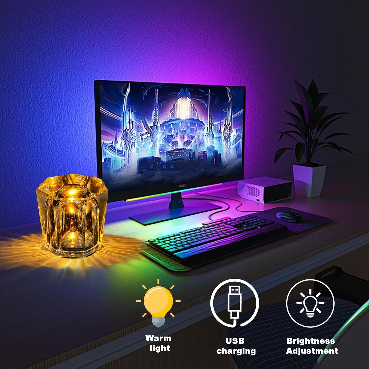 Crystal Diamond Table Lamp USB Charging Touch Lamp K9 Crystal Table Lamp with 3 Color, Diamond Lamp for Nightstand Bedroom Livng Room Decor Christmas Gifts (Style A, 3 Color)