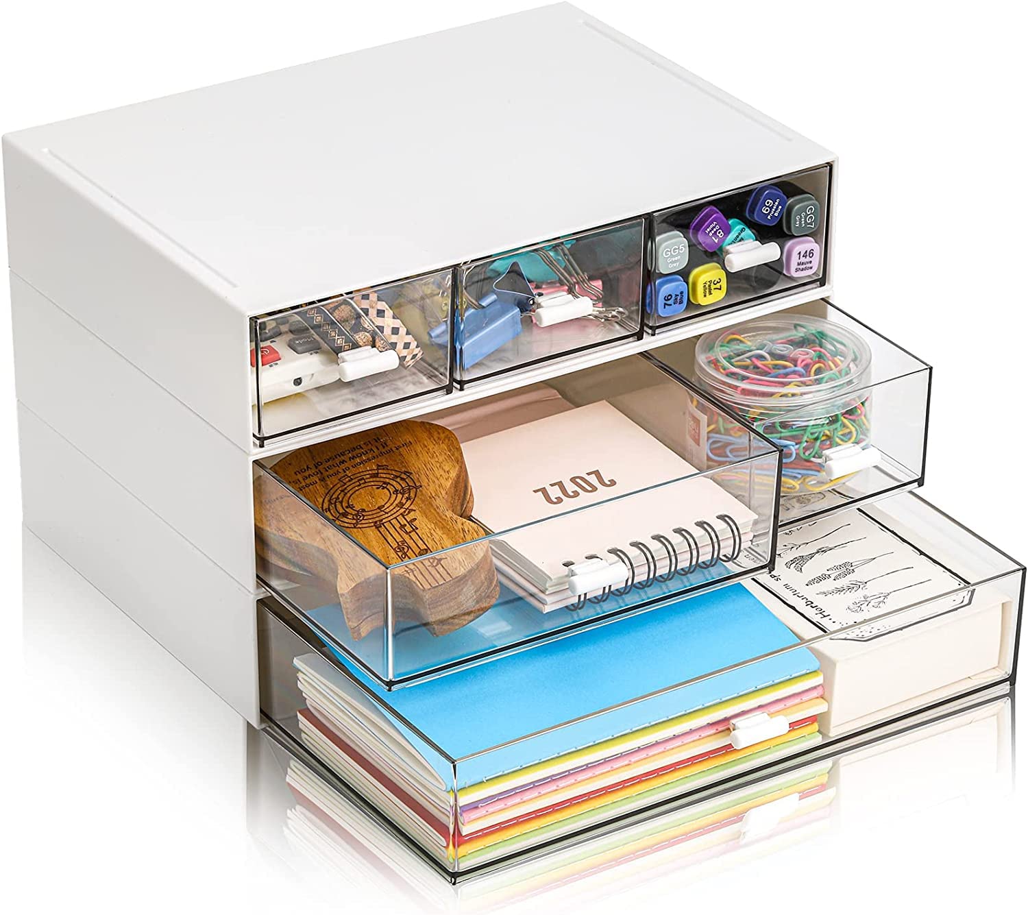 U-HOOME 3 Tier Stackable Storage Drawers,Desk Organizer With Drawer,Office School Home Desktop Storage Box for Office Supplies, Pens, Pencils, Markers,Clear Plastic Desk Storage Box,Detachable Design