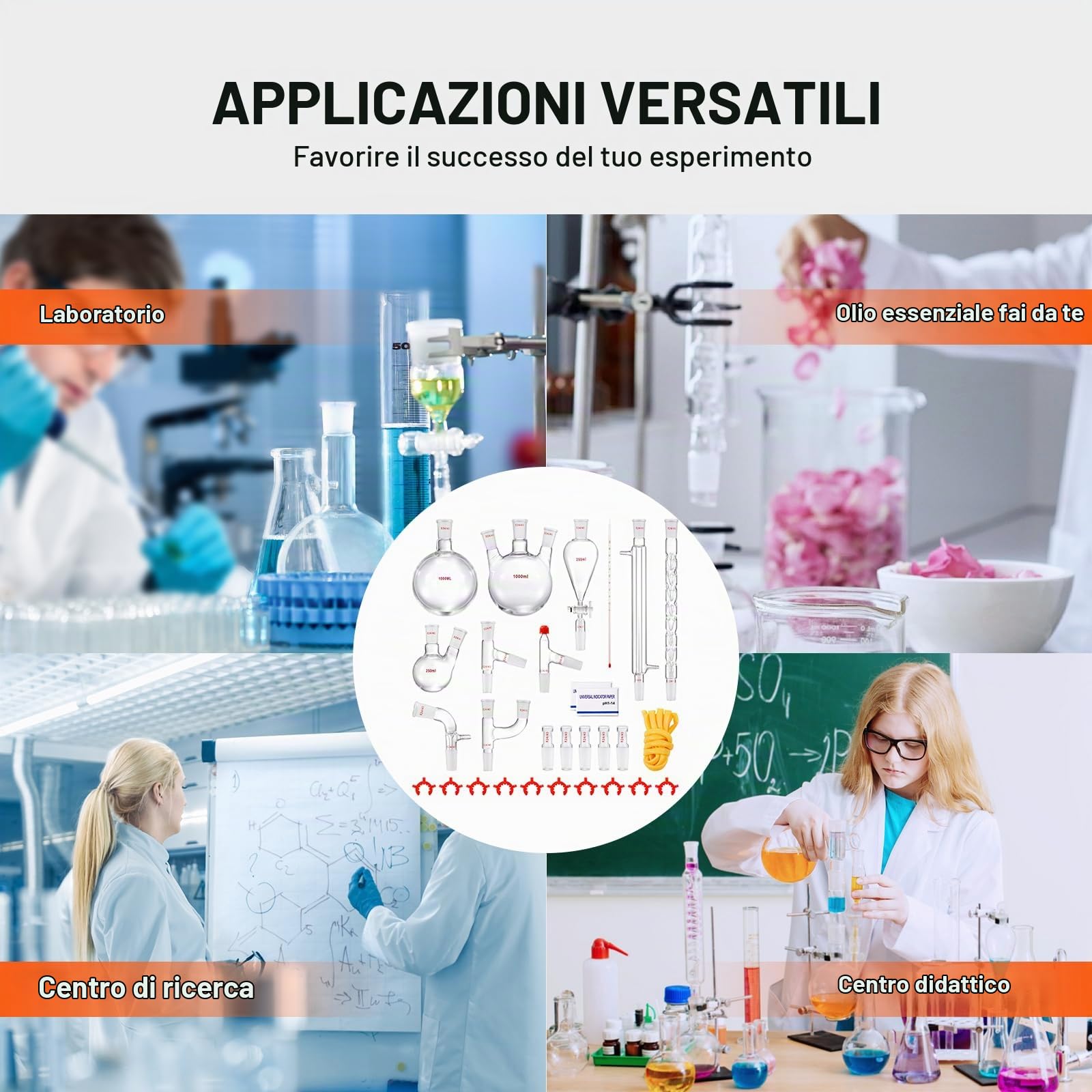 VEVOR Kit di distillazione da laboratorio, kit di distillazione 3.3 Boro con 24, 40 giunti, distillazione di oli essenziali da 1000 ml, set di attrezzature per vetreria da 29 pezzi