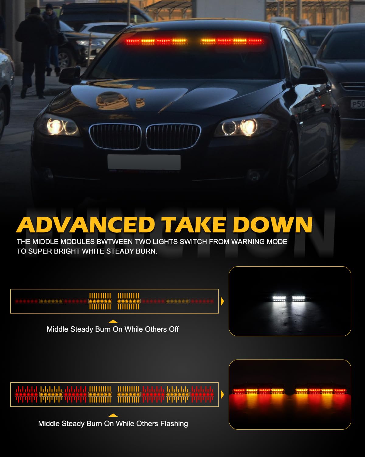 HLauto 604N - Luces estroboscópicas de emergencia con controlador, 5 x 42,7 cm, luz de seguridad roja ámbar con despegue, 48 LED intermitentes de seguridad, peligro, barra de luz interior para