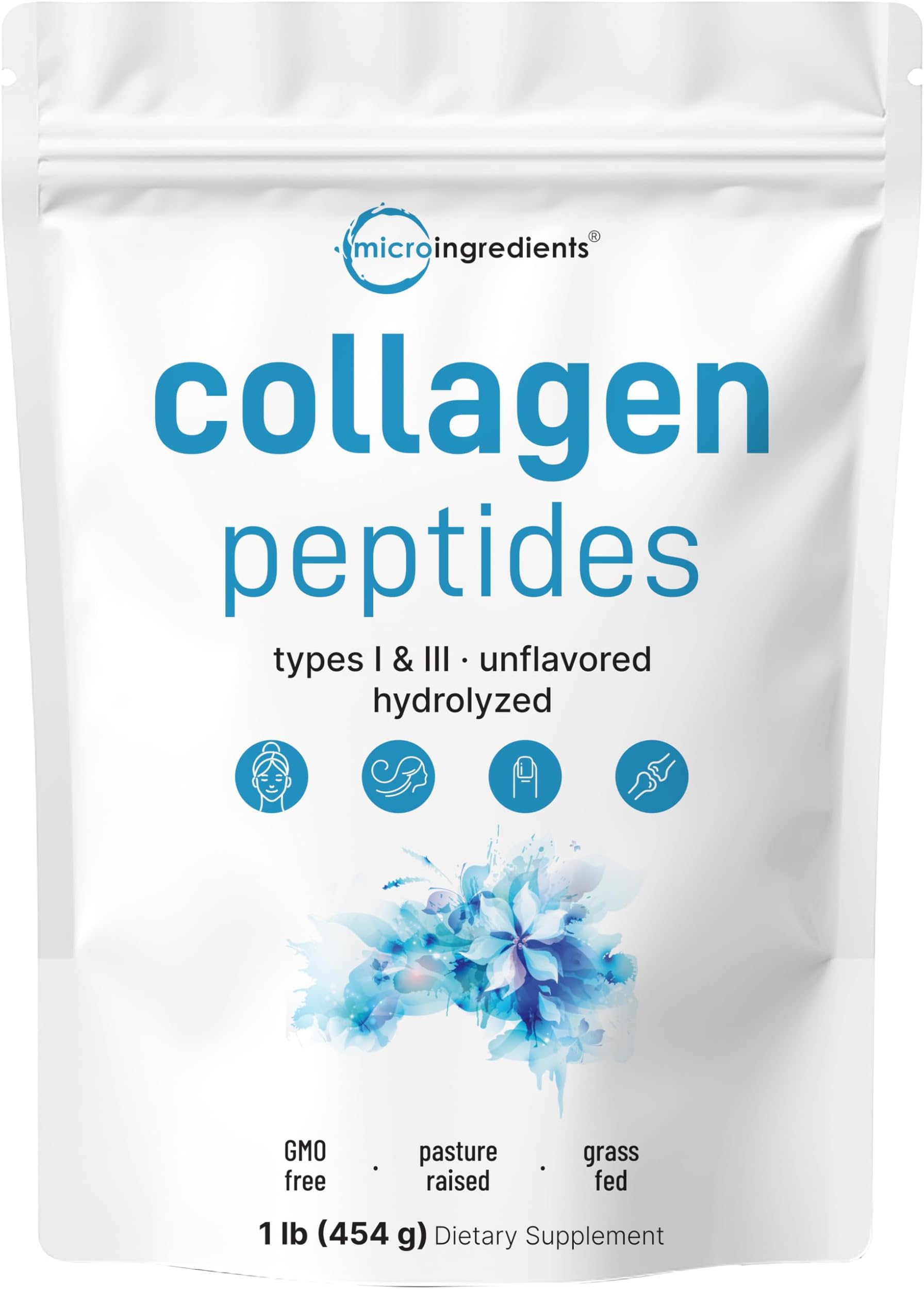 Micro Ingredients Hydrolyzed Collagen Peptides Powder, 1lb | Type I & III Grass-Fed Collagen for Women & Men | Unflavored Protein for Hair, Skin, Nails, Joints* | Easy Dissolve, Paleo, Non-GMO