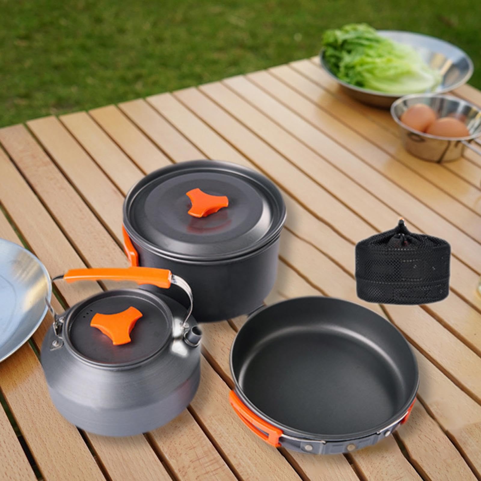 Juego de cocina de camping de 3 piezas con bolsa de almacenamiento para pesca al aire libre senderismo naranja