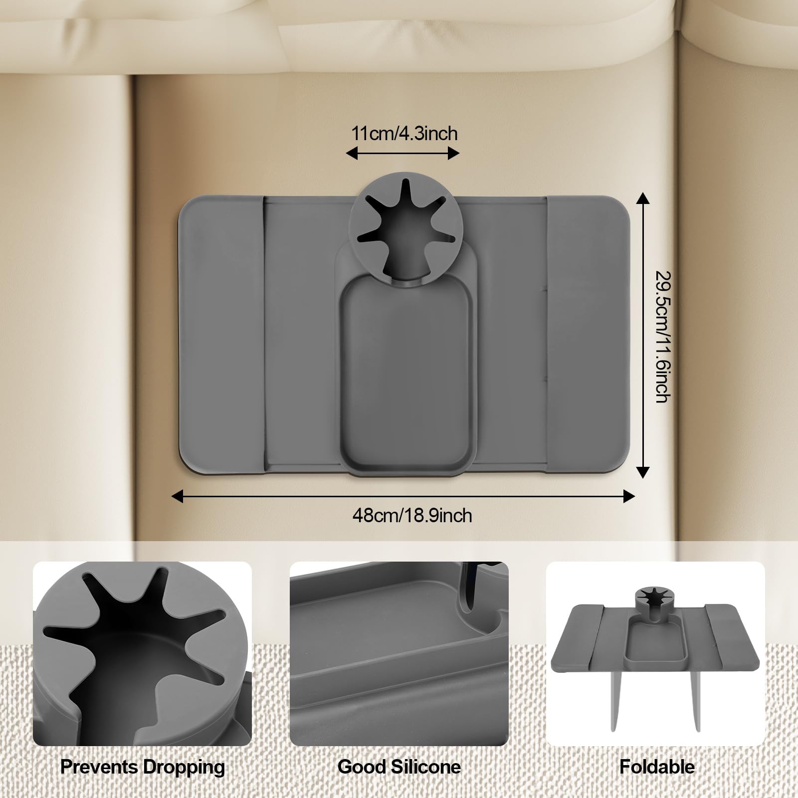 Armlehnen Tablett aus Silikon, Sofatablett mit 2 Seitentaschen, Anti-Spill & Anti-Rutsch, Große Speicherkapazität für Tasse, Telefon, Tablet, Snacks, Grau