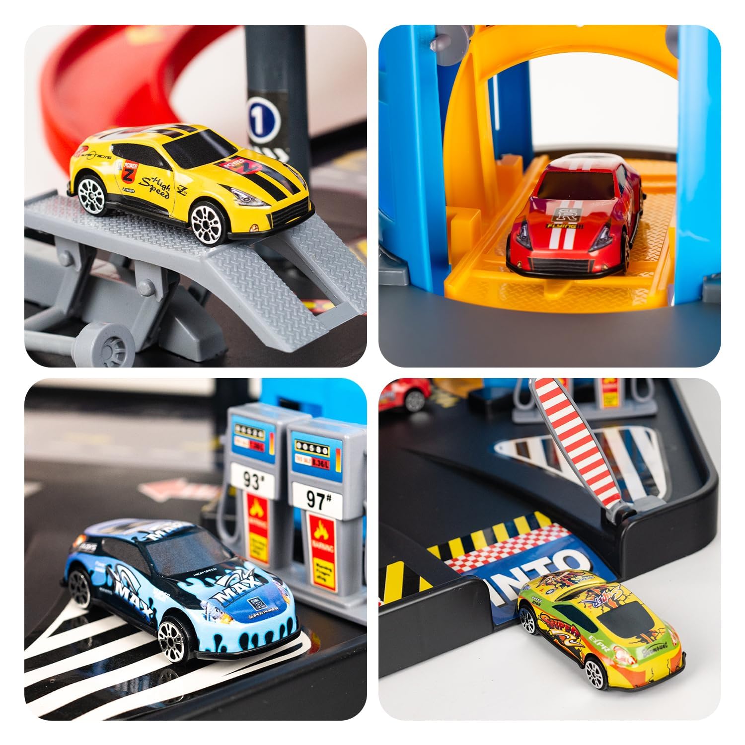 CELMAN Juego de Aparcamiento para niños – Multilevel Coche de Juguete Aparcamiento con Ascensor Manual Incluye 8 Coches de Metal, helicóptero y Accesorios, Juguete para niños a Partir de 3, 4, 5, 6,