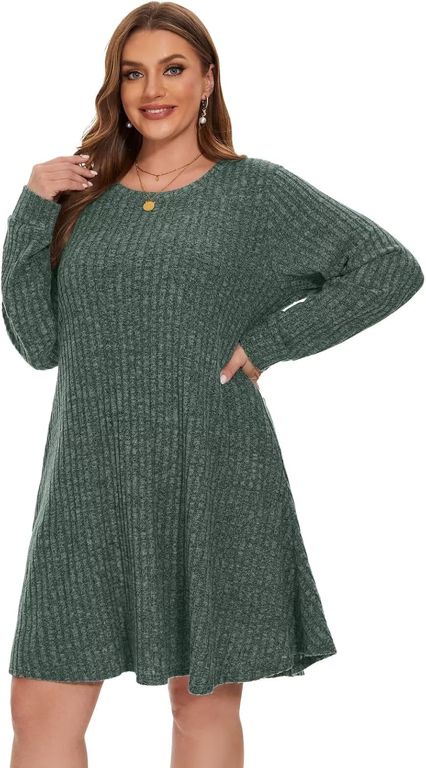 BELAROI Sweater Dress Plus Size Long Sleeve Ribbed Knit Crew Neck Casual Flowy Swing Tunic Pockets Dresses Fall Winter Oufits - Image 4