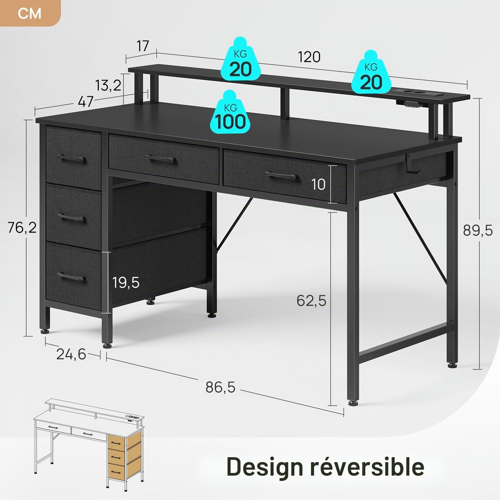 Rolanstar Bureau avec 5 tiroirs, table pour ordinateur avec prises de courant, bureau de gaming avec éclairage LED, support pour moniteur, pour bureau à domicile, chambre, salon, bureau (Noir, 120)