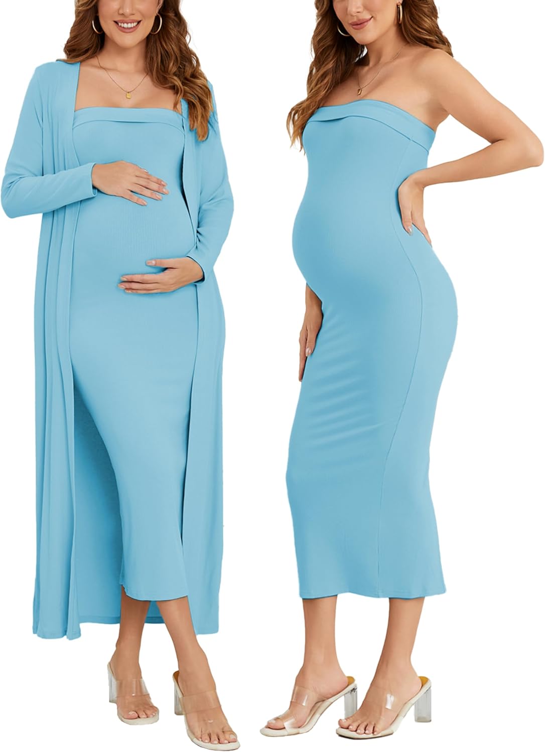 Ecavus Maternity Tube Dress Long Cardigan 2 Piece for Baby Shower and Wedding Guest Ribbed Maternity Photoshoot Dresses