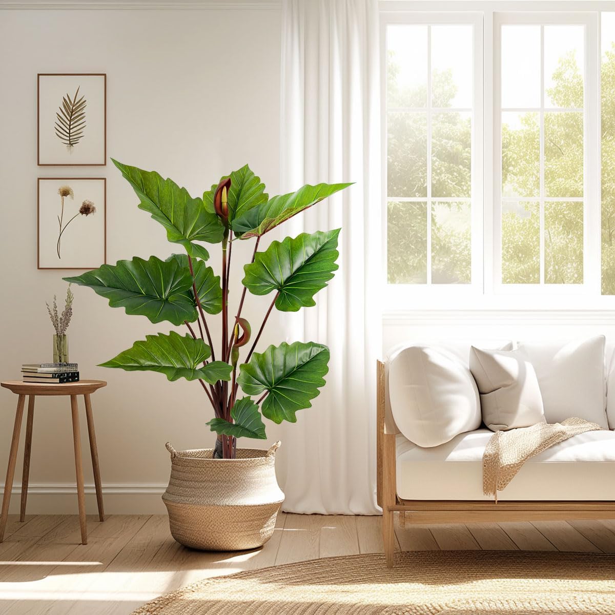 55in Tall Artificial Elephant Ear Plant - 9 Large Faux Tropical Leaves for Indoor Outdoor Jungle Decor Pet-Safe, Bendable Stems(4.6FT-1Pack)