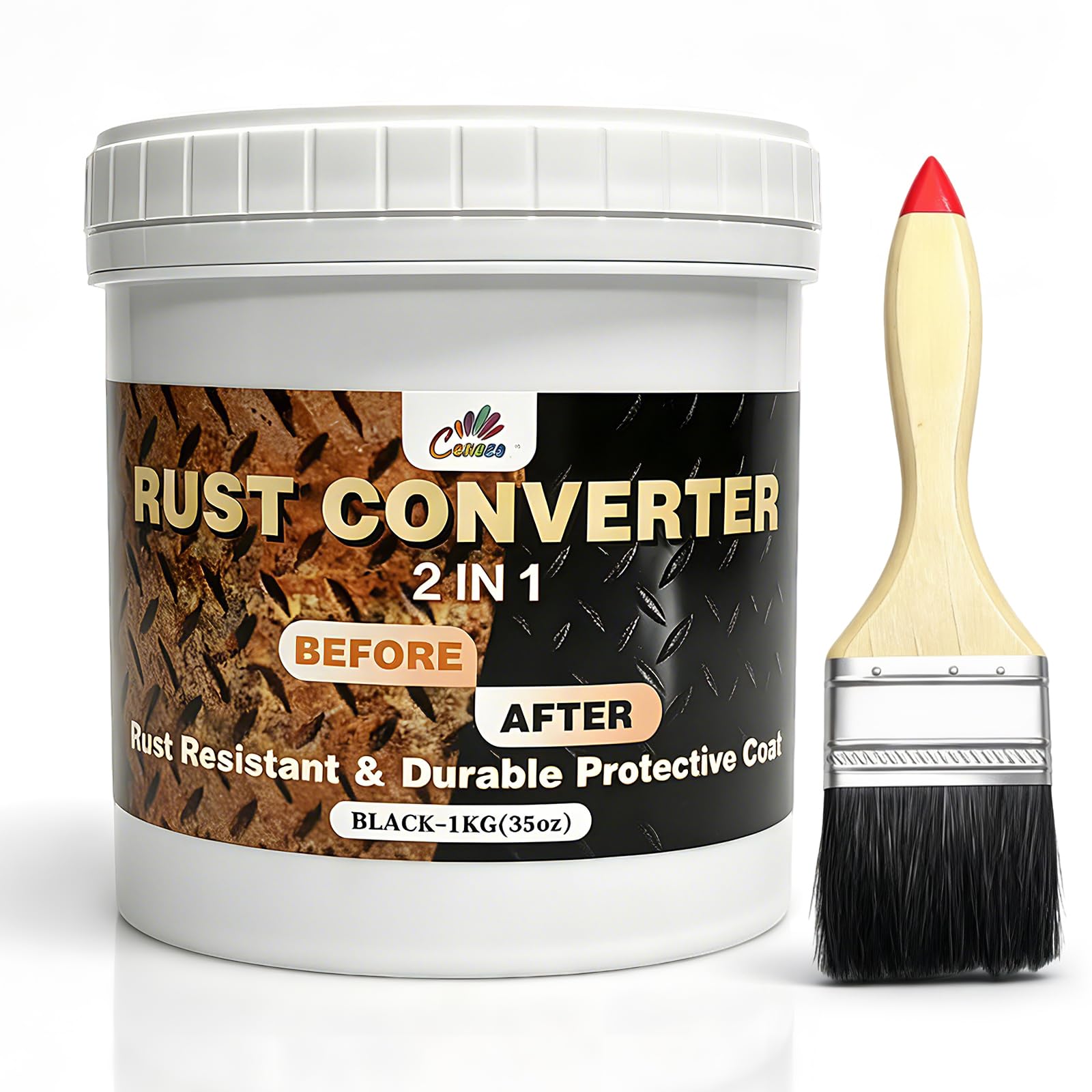 2-in-1Nero Convertitore di Ruggine & Convertiruggine,1KG Primer per Metallo,Convertitore di Ruggine Resistente all'Acqua e al Calore,Rivestimento Antiruggine Durevole per Metallo,Auto,Acciaio e Ferro