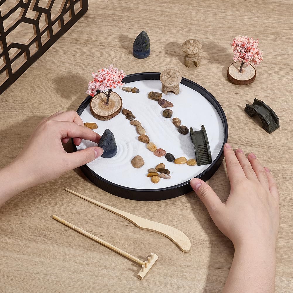WEBEEDY Japanese Zen Garden Kit Mini Round Sand Tray Therapy Tabletop Sandbox Zen Garden Meditation Gifts Set for Home Office Desk Relaxation Beautiful Decor Gift, 8.3x8.3 Inch