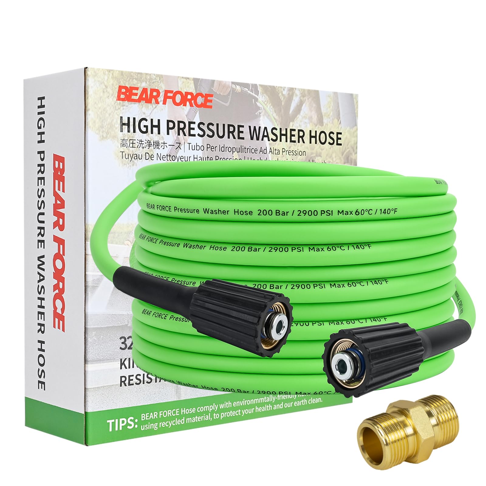 10M Super Flexible Pressure Washer Cleaning Pipe with M22 Female Thread, Kink Resistant Replacement Hose with M22 Male Thread Connector, Extension Hose Standard M22-14MM