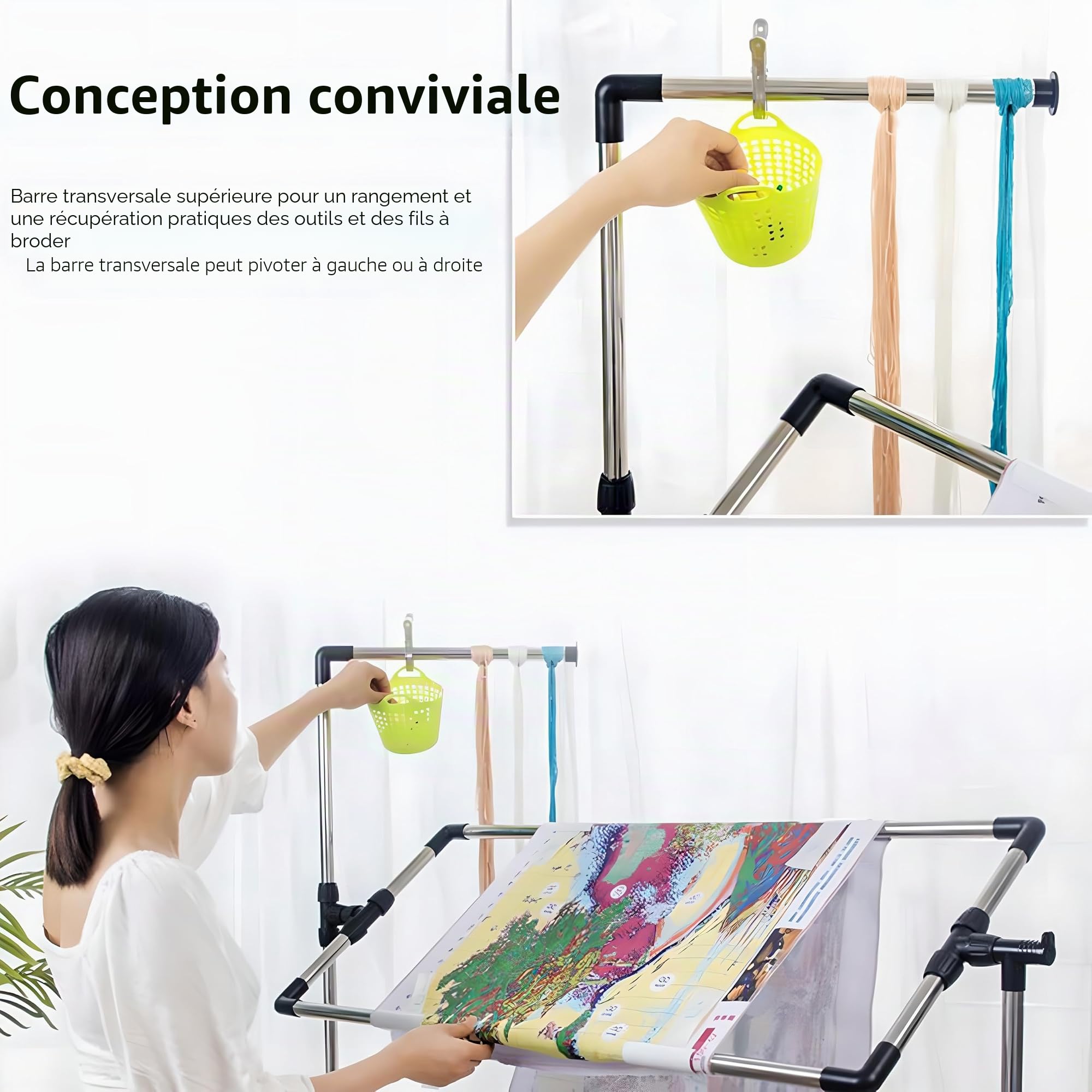 Cadre de Sol pour Travaux D'aiguille, Table de Broderie sur Pied Réglable en Hauteur, Support en Acier Inoxydable pour Point de Croix, Support de Couture Artistique, Support de Tambour À Broder 100cm