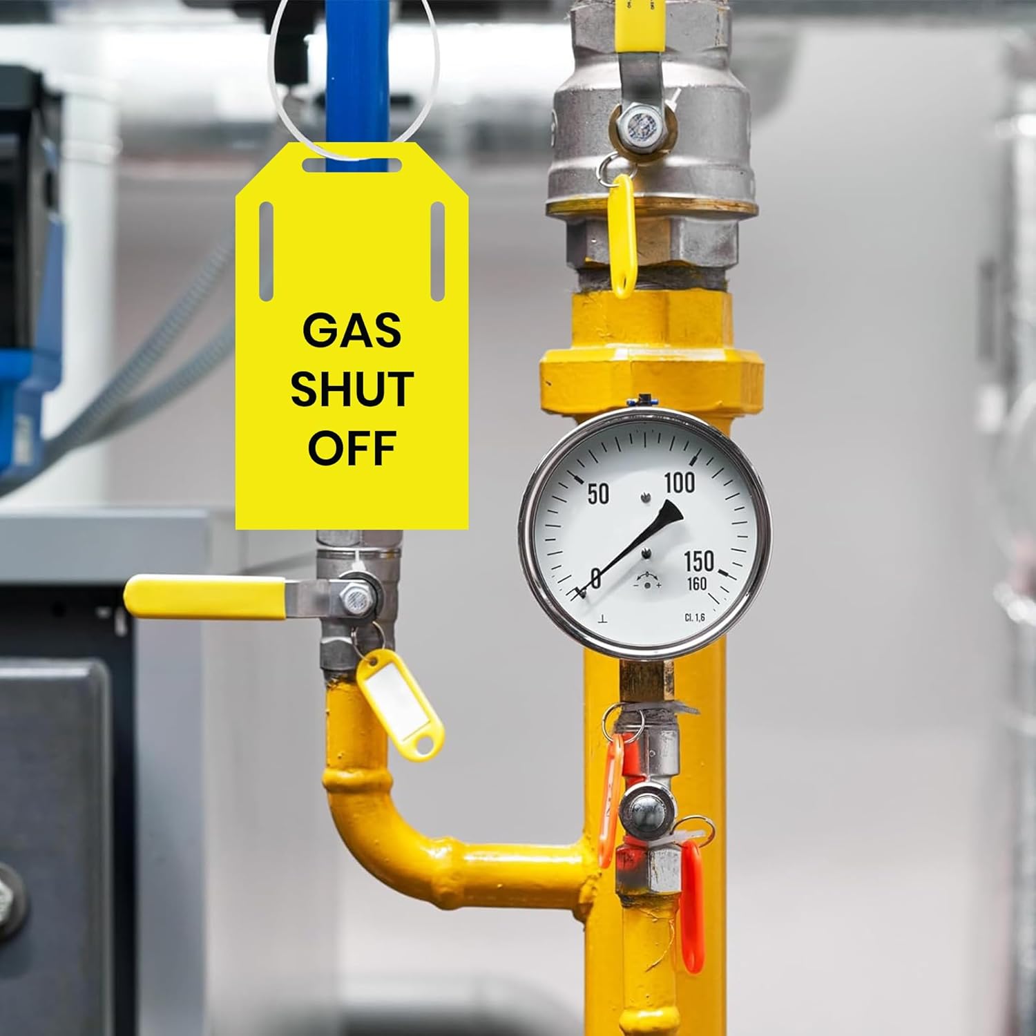 30 x Shut Off Valve Signs (3 x 10 Tags with Zip Ties)– Gas Shut Off, Water Shut Off, Hot Water Shut Off Labels – 5 x 3 inches Yellow, Blue and Red Utility Shut Off Vinyl Tags – Self-Adhesive, Weather- & Waterproof Safety Decals for Indoor and Outdoor Use
