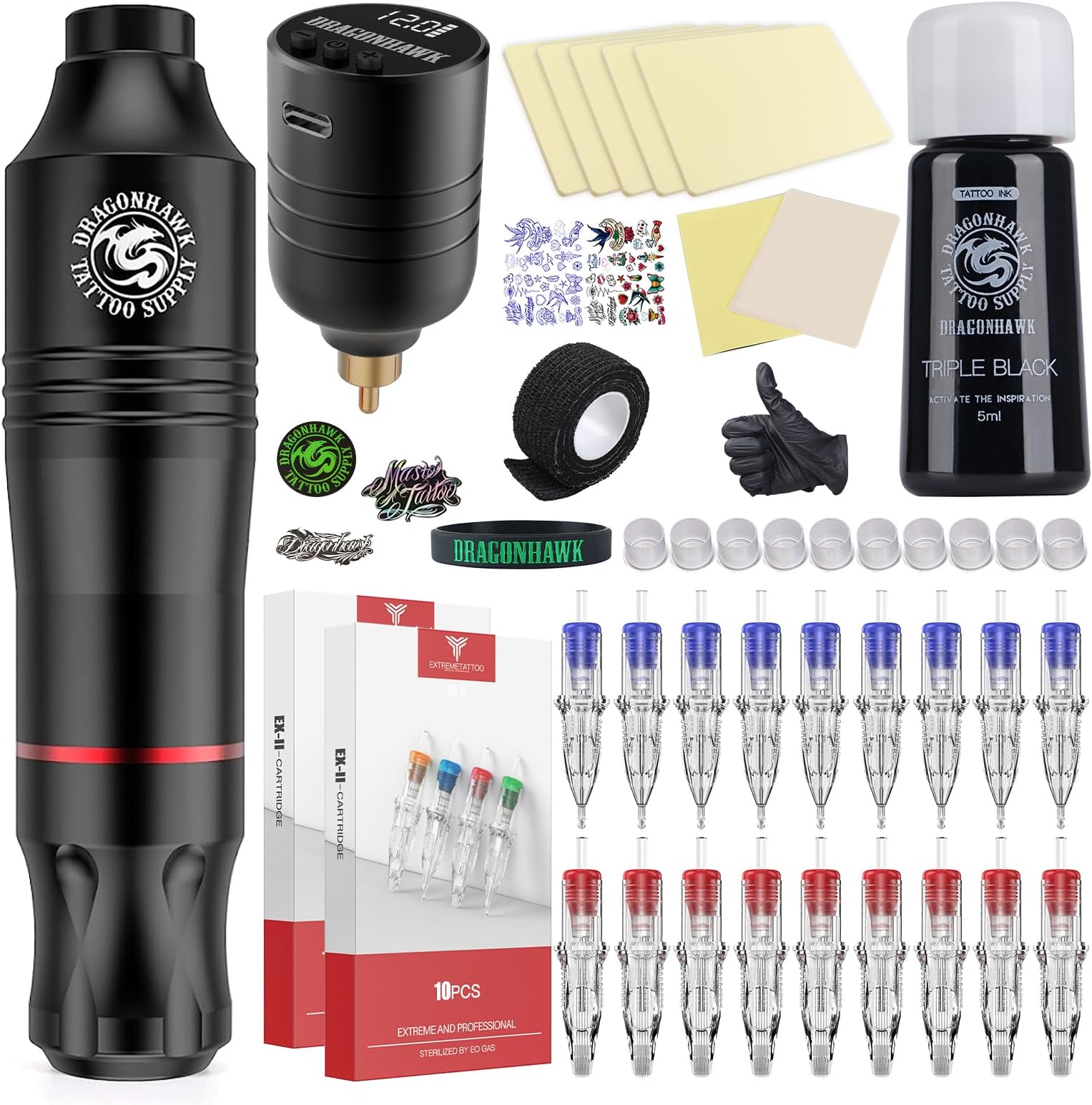 Dragonhawk Atom Wireless Tattoo Gun Pen Machine Kit - Complete Beginner Tattoo Kit with 20 Cartridge Needles, 5Pcs Practice Skin Full Tattoo Accessories