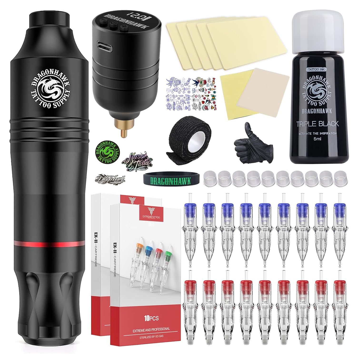 Dragonhawk Atom Wireless Tattoo Gun Pen Machine Kit - Complete Beginner Tattoo Kit with 20 Cartridge Needles, 5Pcs Practice Skin Full Tattoo Accessories