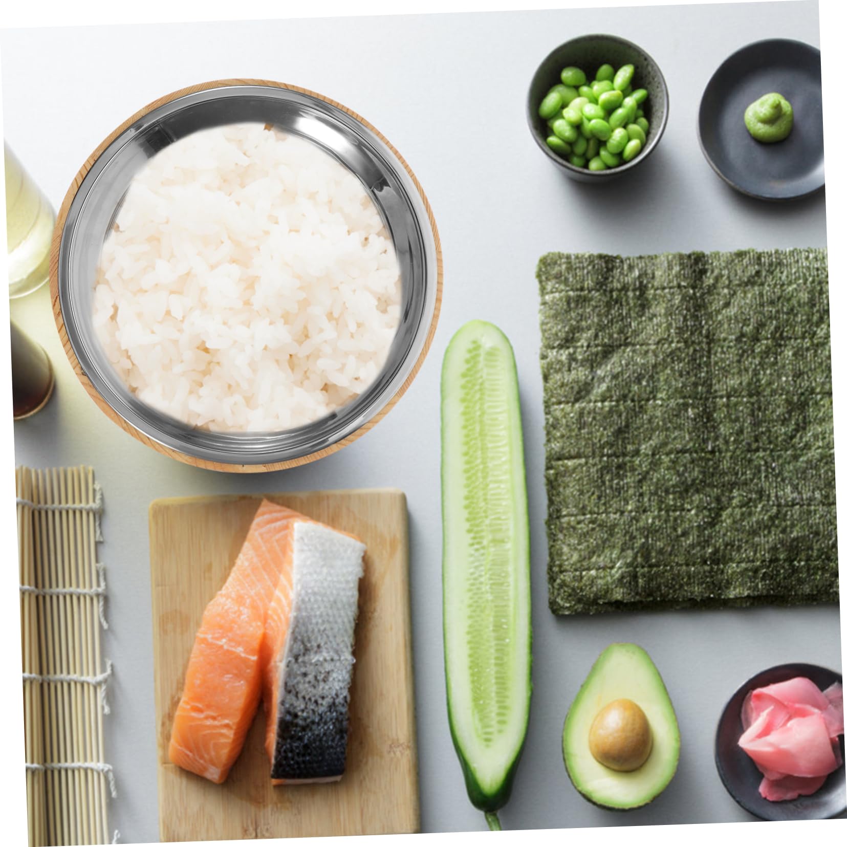 Cubeta de Arroz para Sushi y Bibimbap 25 Cm, Madera Natural Pulida Acero Inoxidable, Absorbe Humedad para Enfriar Arroz, Vajilla Casera para Servir Cangrejos de Río y Refrigerios