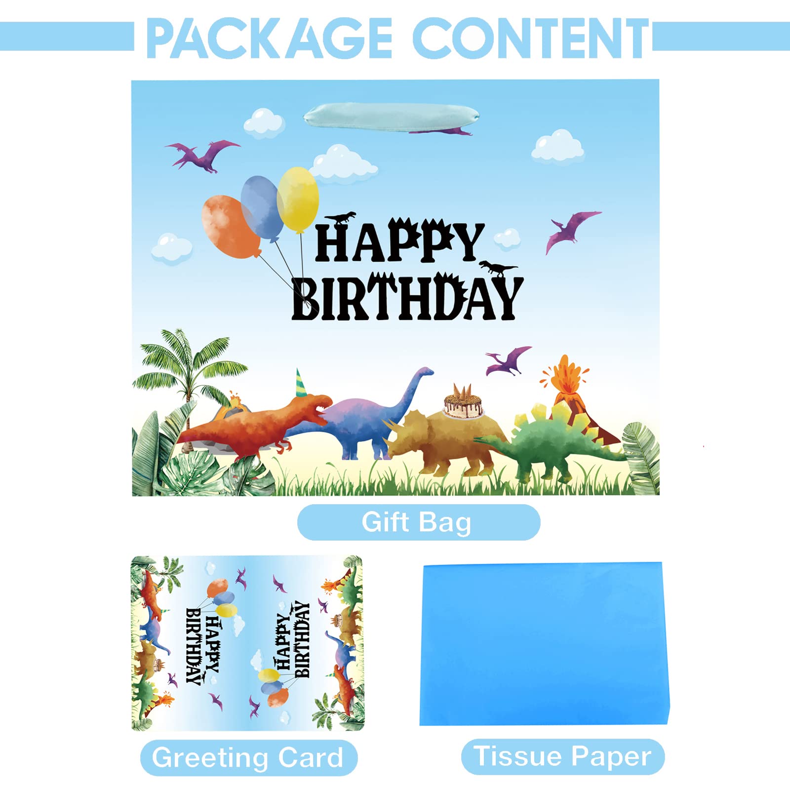 13" Large Watercolor Dinosaur Birthday Gift Bag for Boy Kids with Card and Tissue Papers (13" Blue)