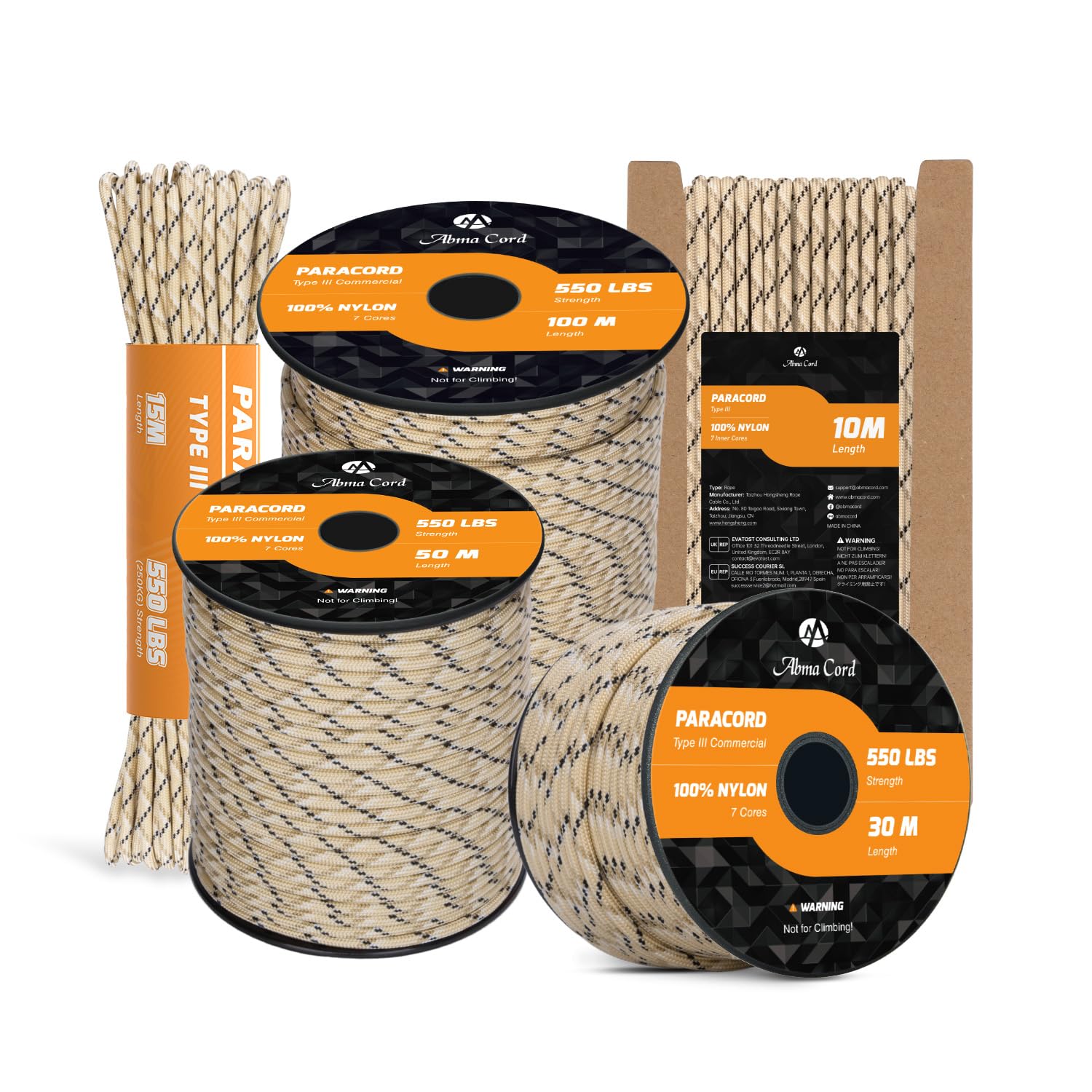 Abma Cord Paracord 550 4mm 10m 100% Nylon Rope Type III 7 Strands Parachute Cord for DIY, Camping, Survival, Outdoor - Max. 250kg - Desert Camo