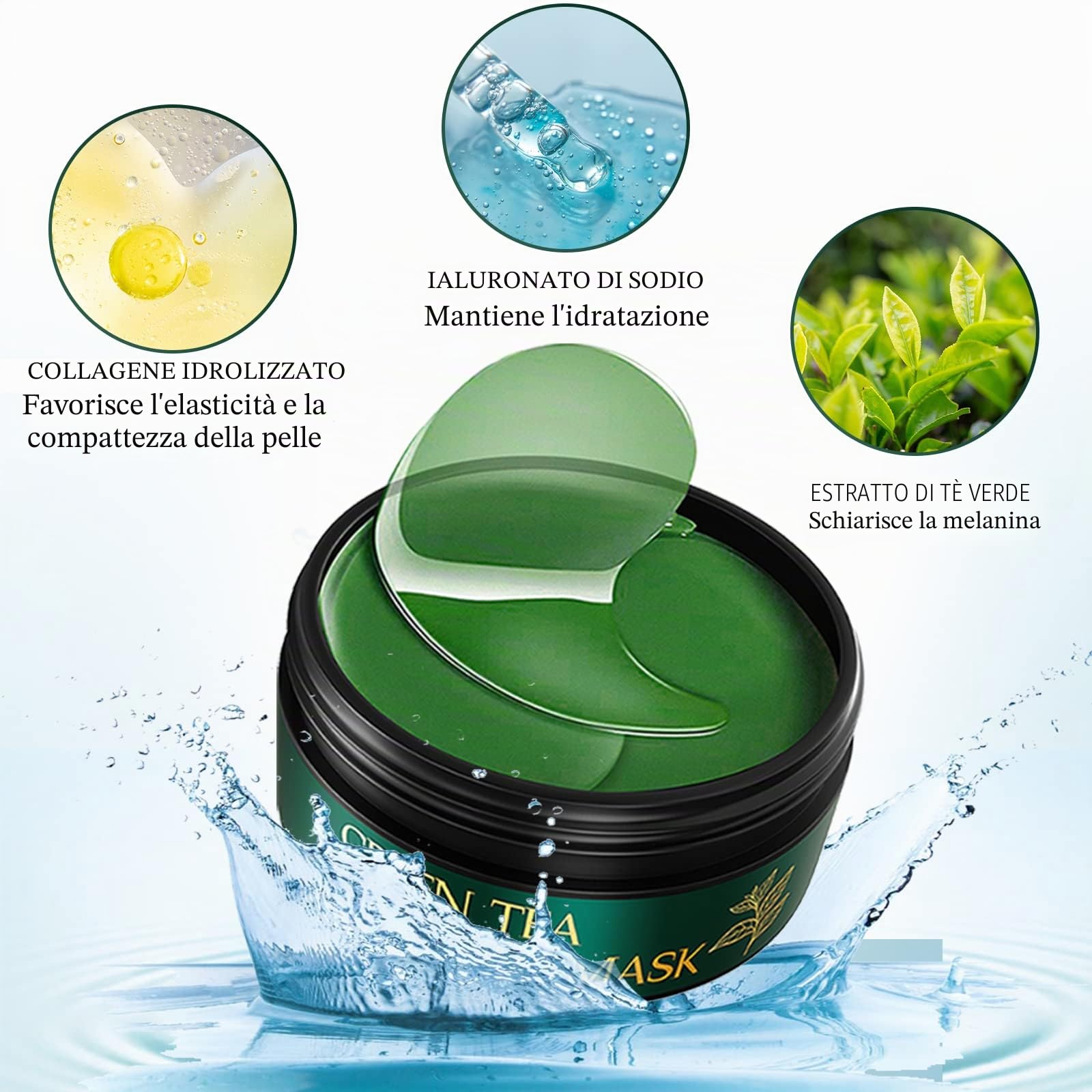 Collagene Patch Occhi al Tè Verde, Patch Occhiaie e Borse, Anti Rughe, Rimuovi Borse e Puffiness, Idrata Anti-Età, 30 Paia