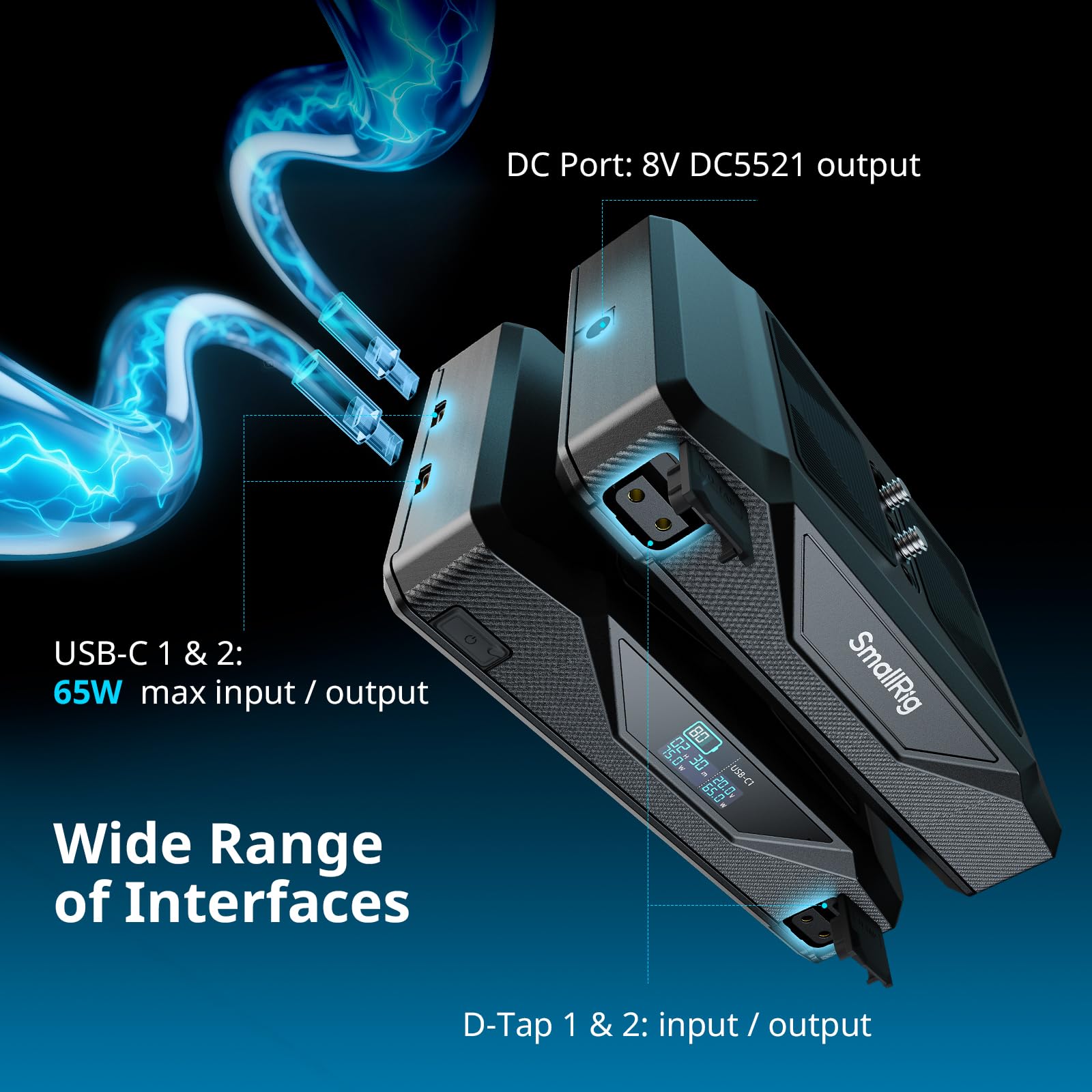 SMALLRIG Akumulator Base CB75, 73,8 Wh / 5000 mAh, zapewniający całodzienną pracę, z szybkim ładowaniem USB-C 65 W, podwójnym złączem D-tap, płytką szybkiego montażu do Arca, śrubą 1/4"-20-5248