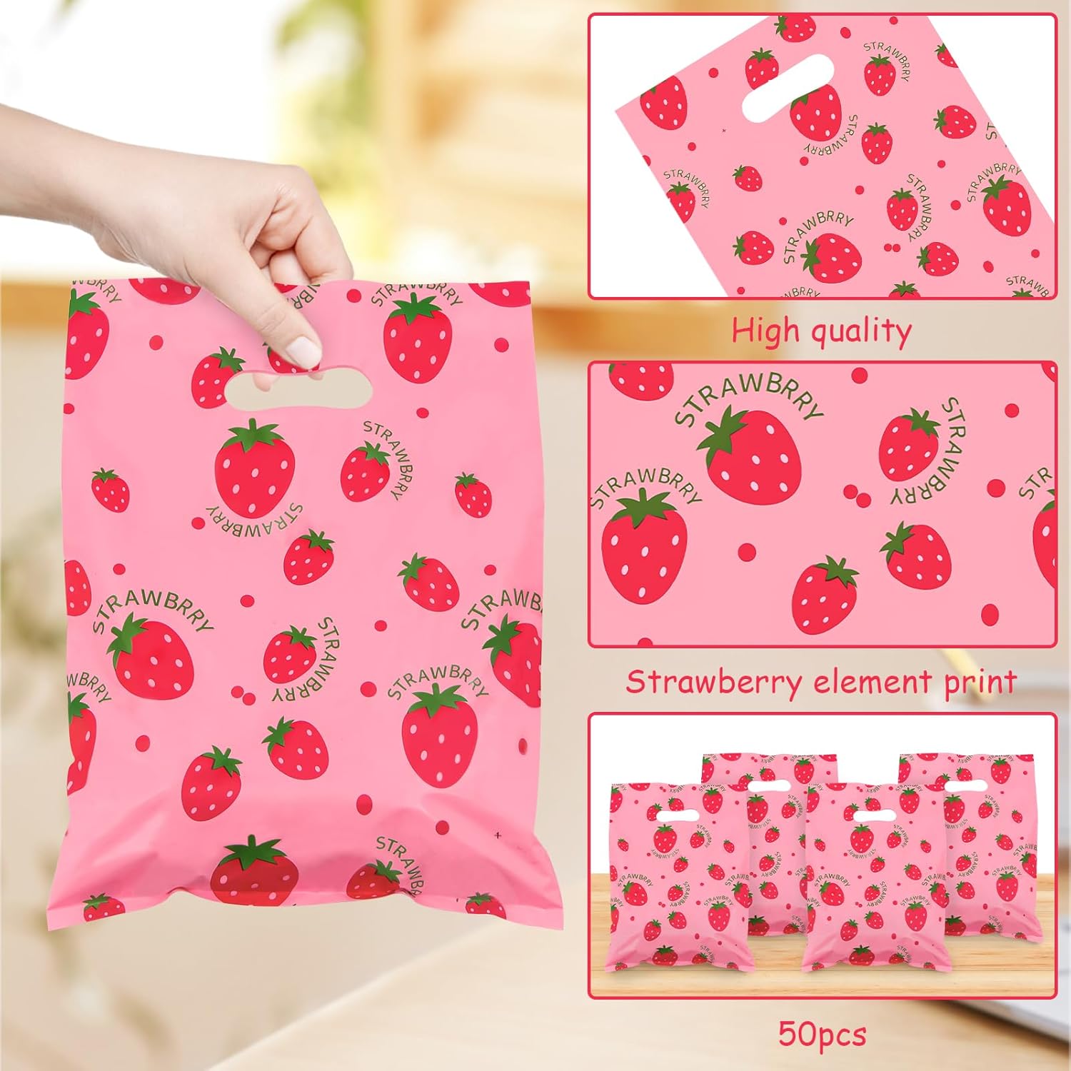 50Pcs 10*14inch Large Sweet Red Strawberry Goody Candy Treat Snack Party Favors Plastic Pink Gifts Wrapping Bags with Handles For Fruit Berry Sweet Kids Girls 1st 2nd Birthday Fruit Party Wedding Supplies - Image 3