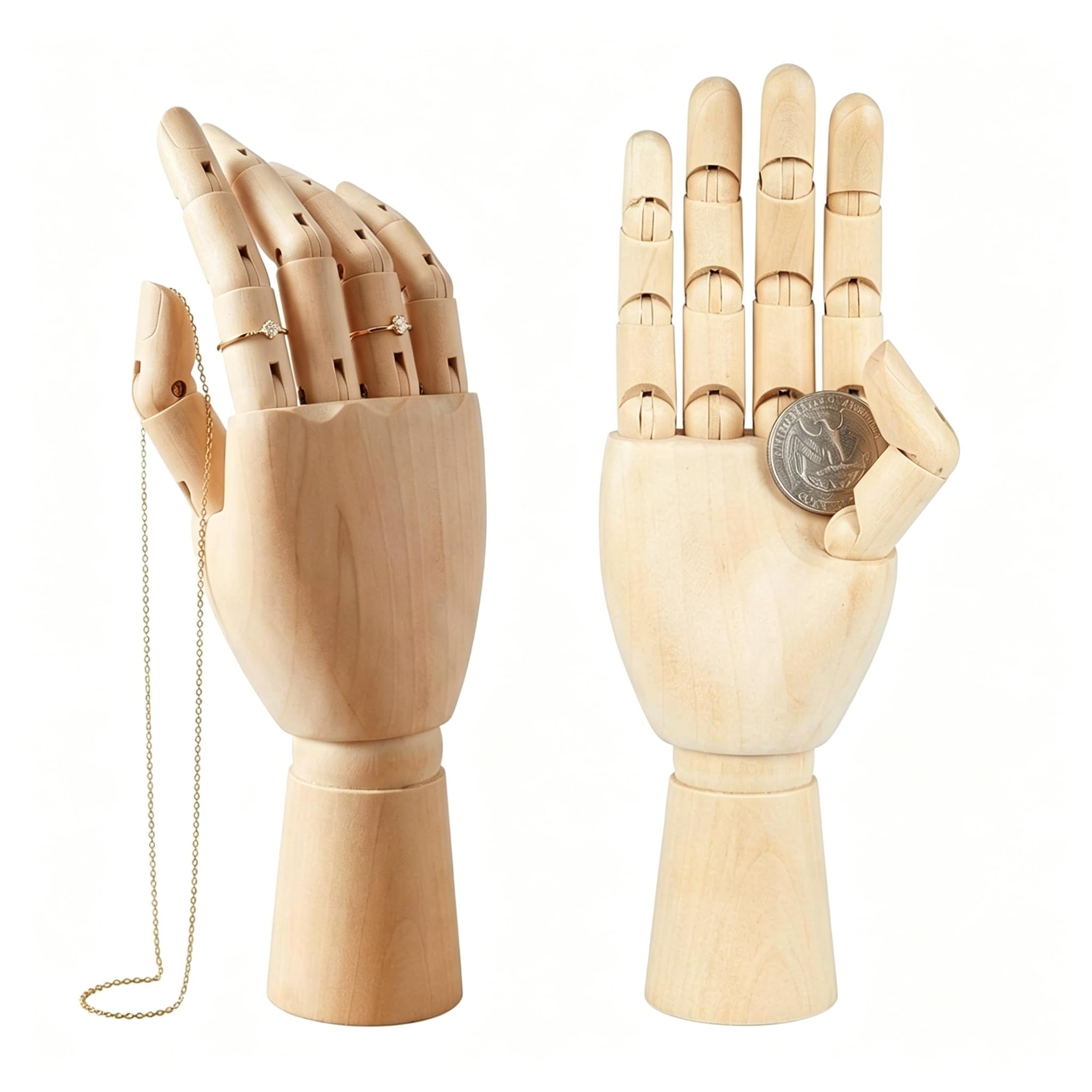 Lot de 2 Mannequins Mains Gauche & Droite 7"" Bois Kaki - Modèle Articulé pour Croquis Artistique, Présentoir Bijoux, Apprentissage Anatomie, Décoration Bureau Enfant
