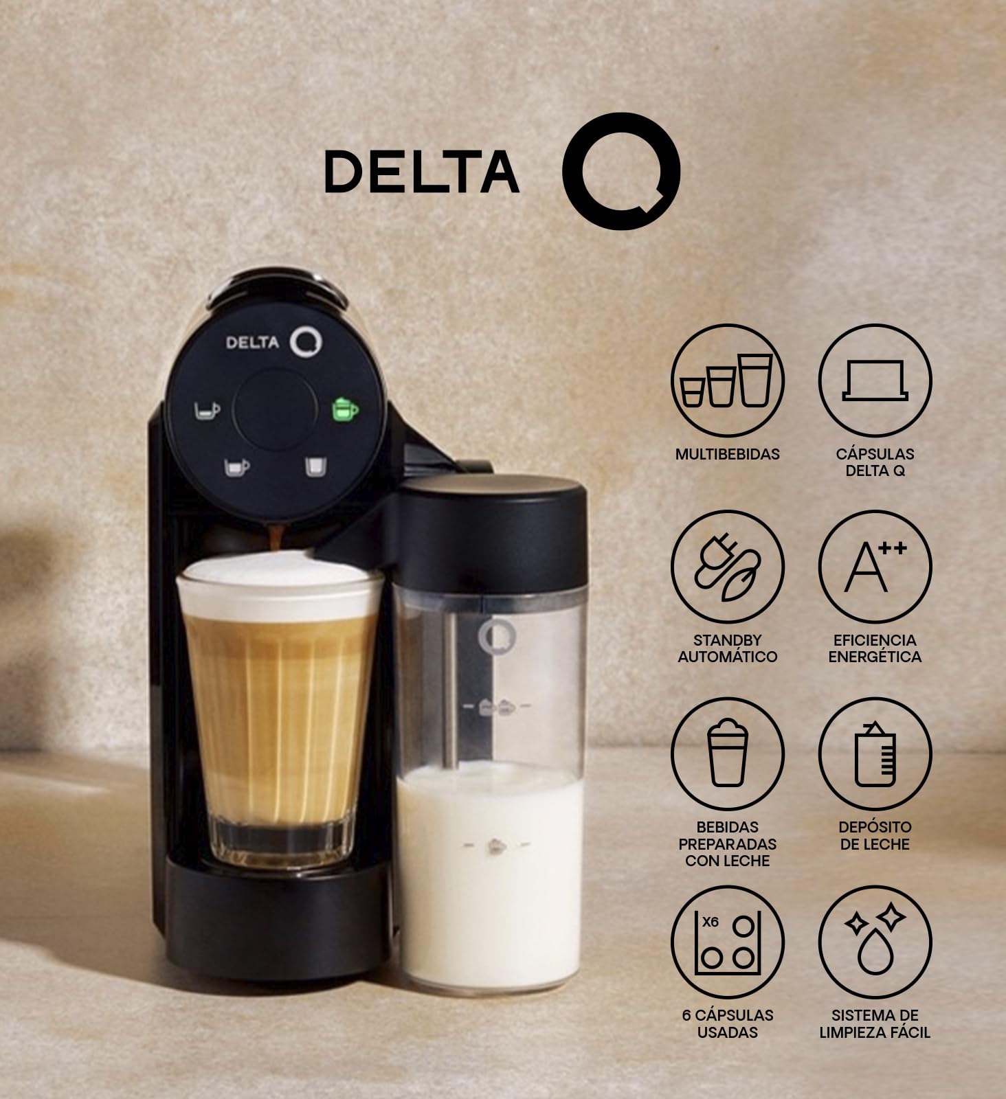 Delta Q | Cafetera Cápsulas Mini MilkQool Negro 20 Bares 0,6 L | Depósito de Leche, 40 Cápsulas Intensidad 10 + 10 Descafeinado